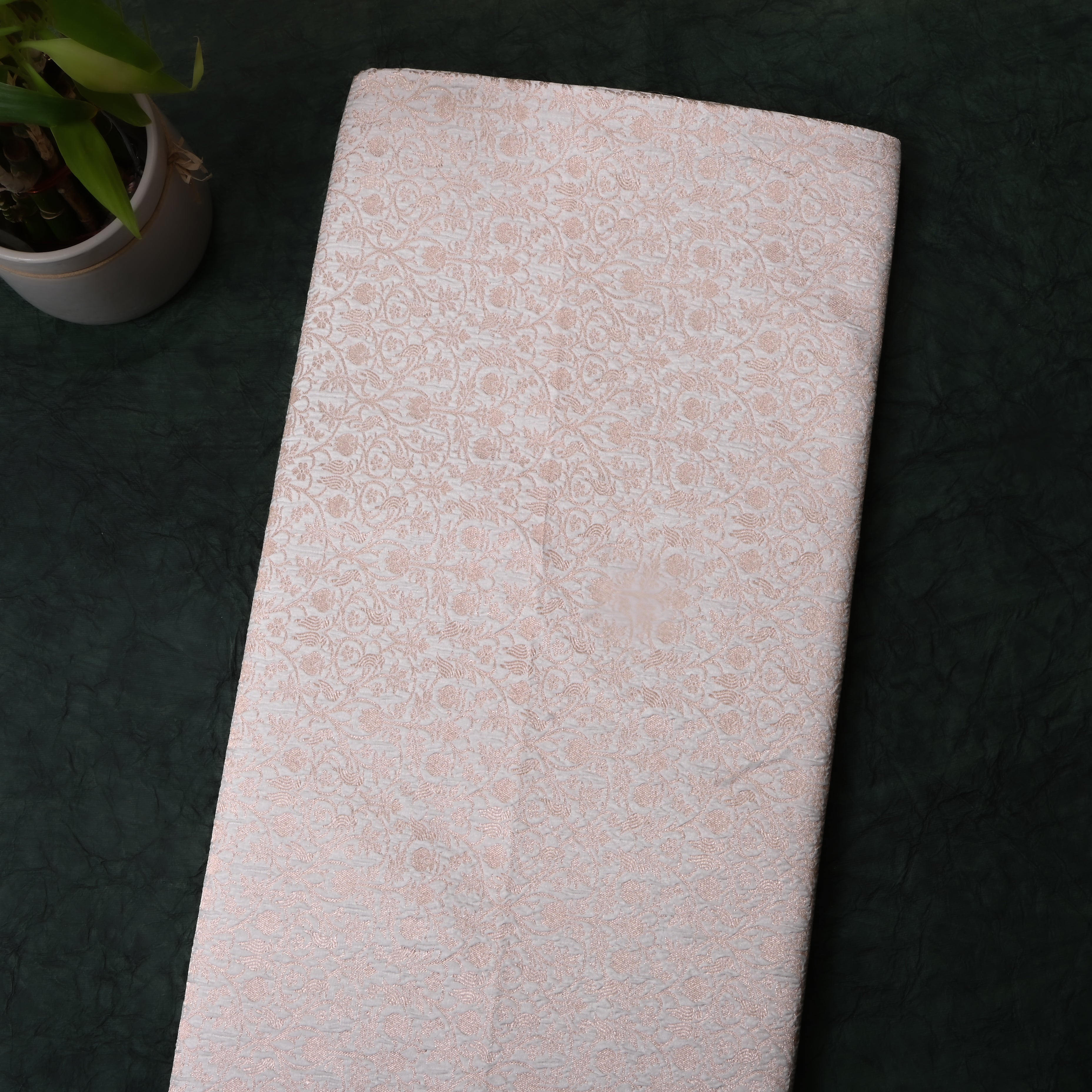 White Floral Jamawar Silk Fabric