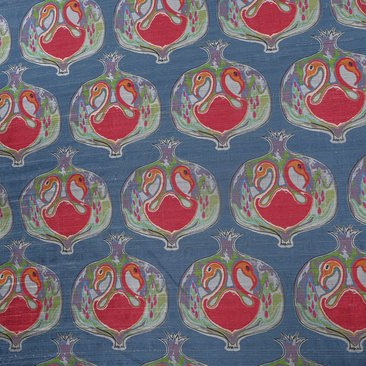 Denim Blue Pomegranate Bird Print Silk Fabric