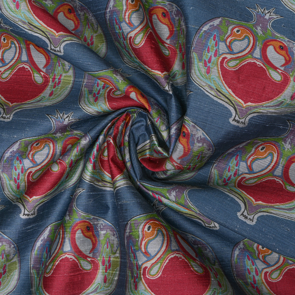 Denim Blue Pomegranate Bird Print Silk Fabric