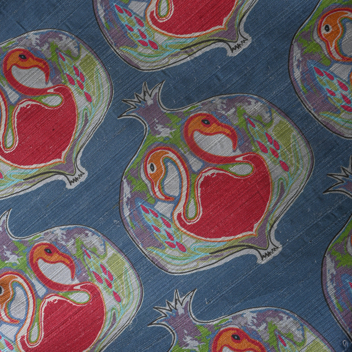Denim Blue Pomegranate Bird Print Silk Fabric