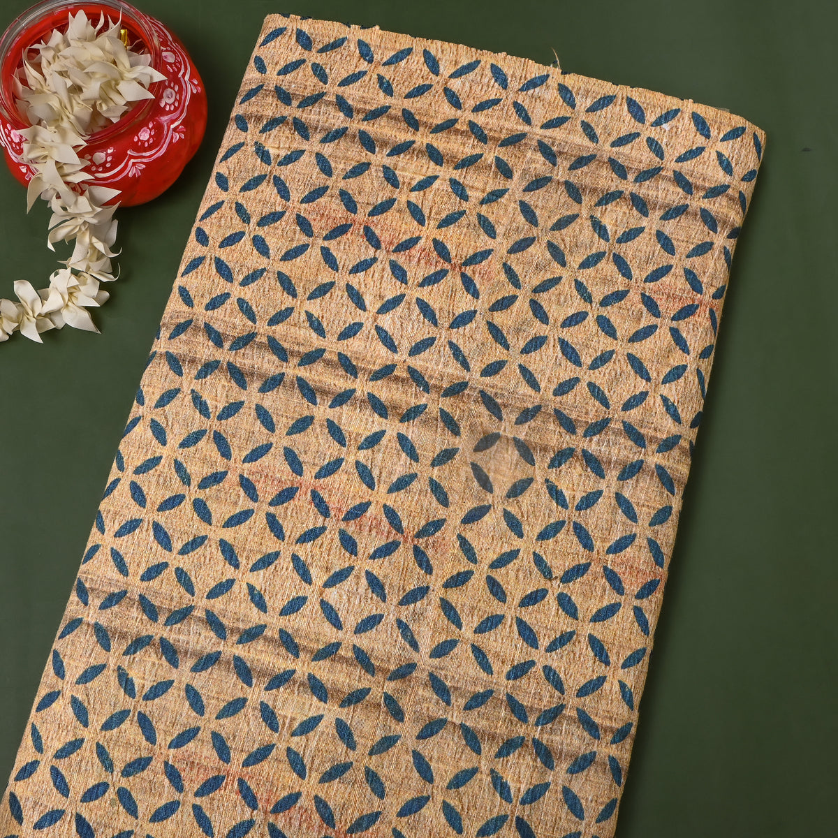 Wheat Blue Petal Geometric Print Silk Fabric