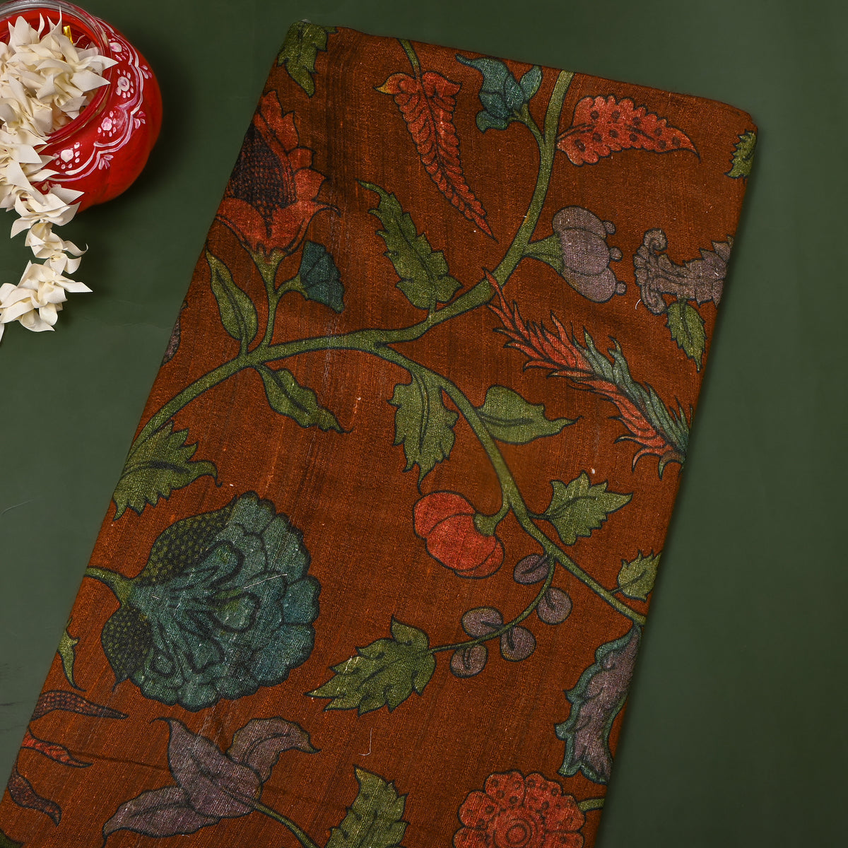Coffee Floral Digital Print Raw Silk Fabric