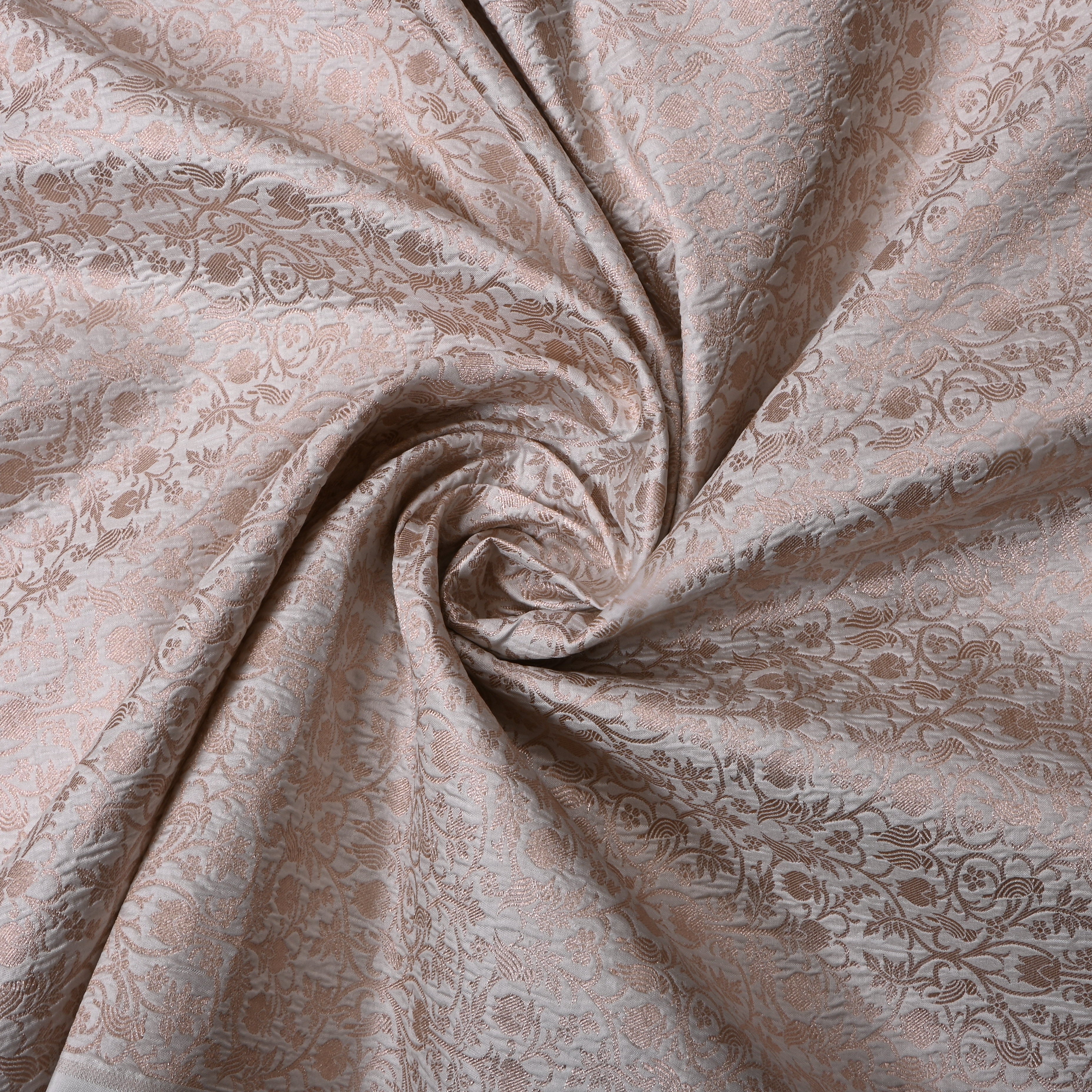 White Floral Jamawar Silk Fabric