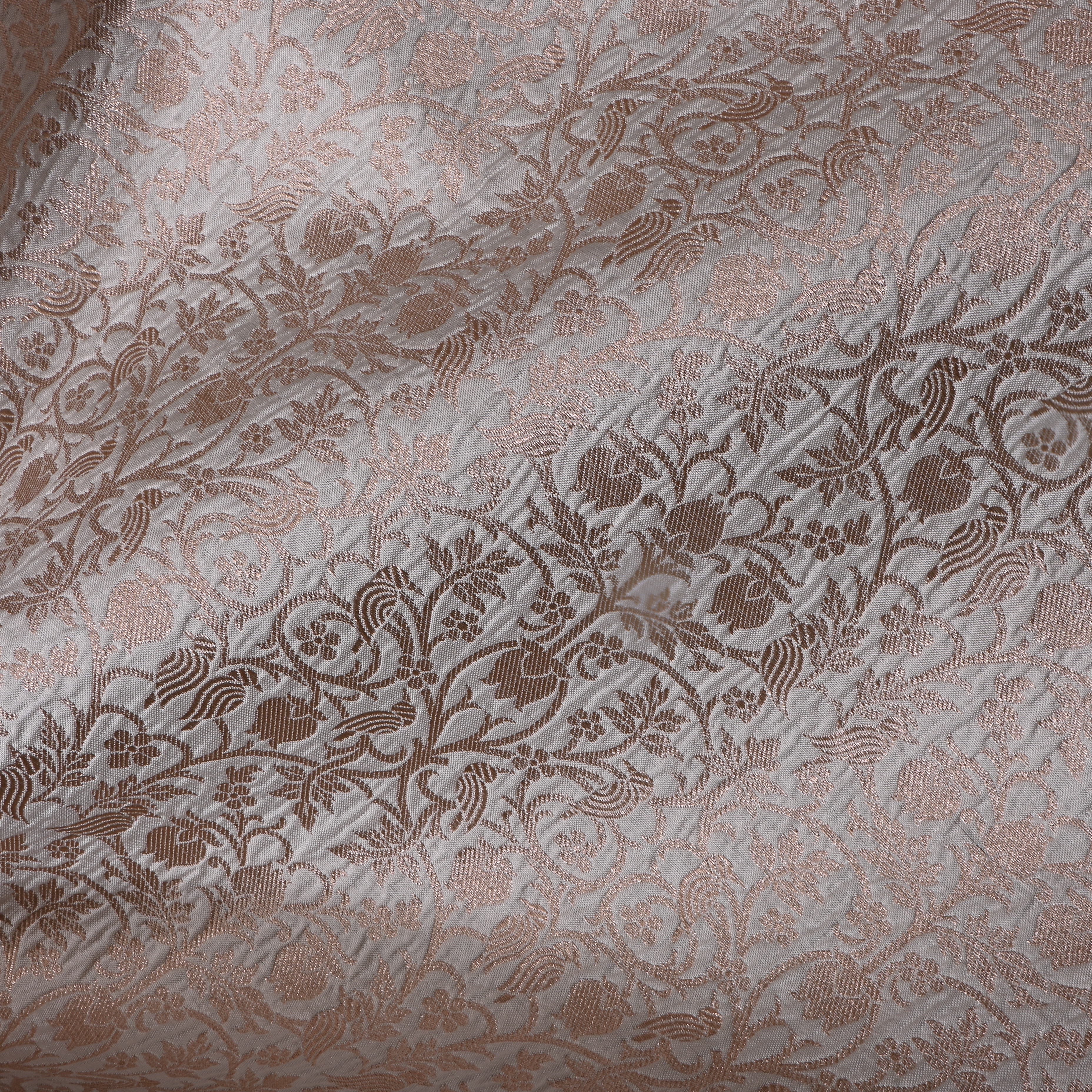 White Floral Jamawar Silk Fabric