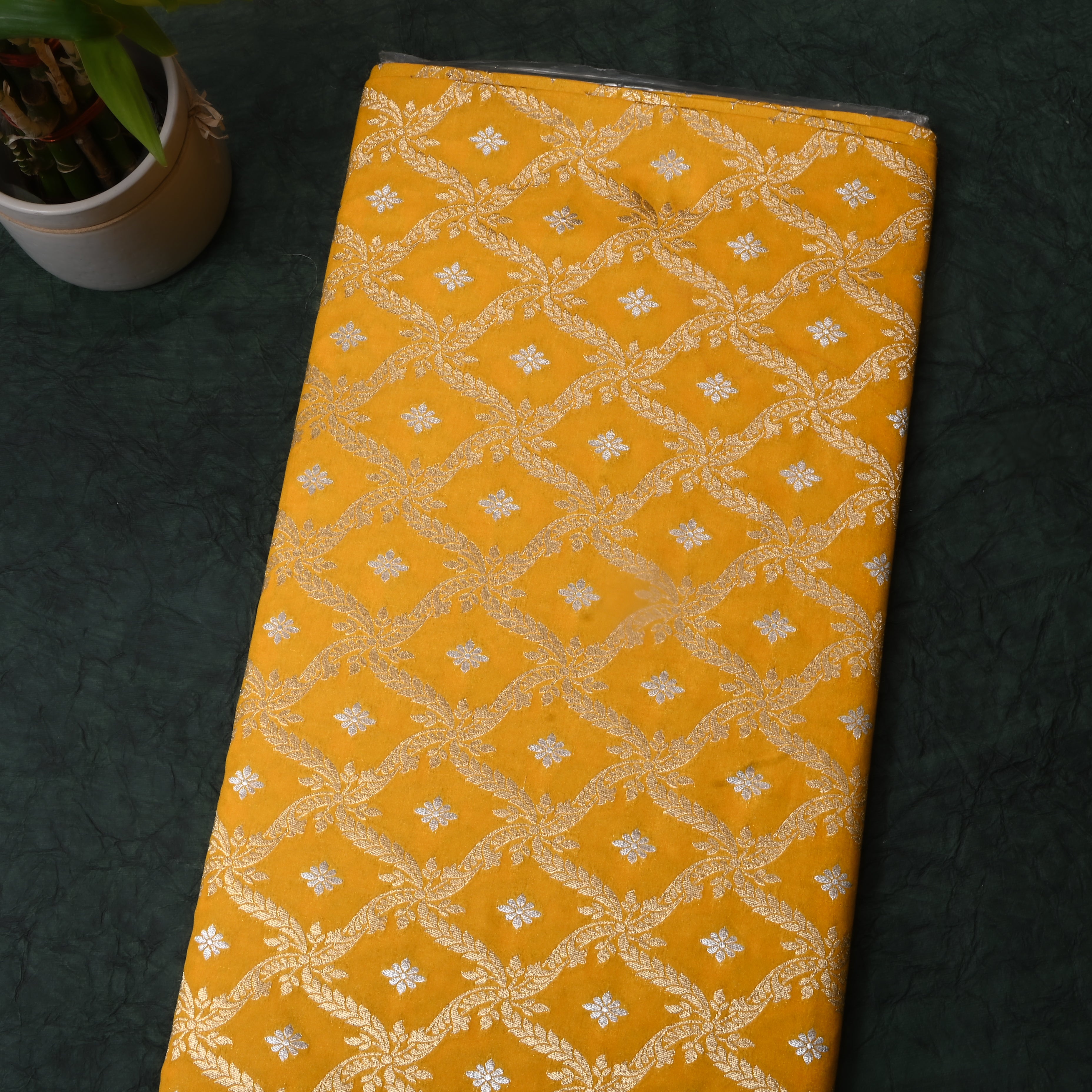 Cyber Yellow Floral Jamawar Silk Fabric