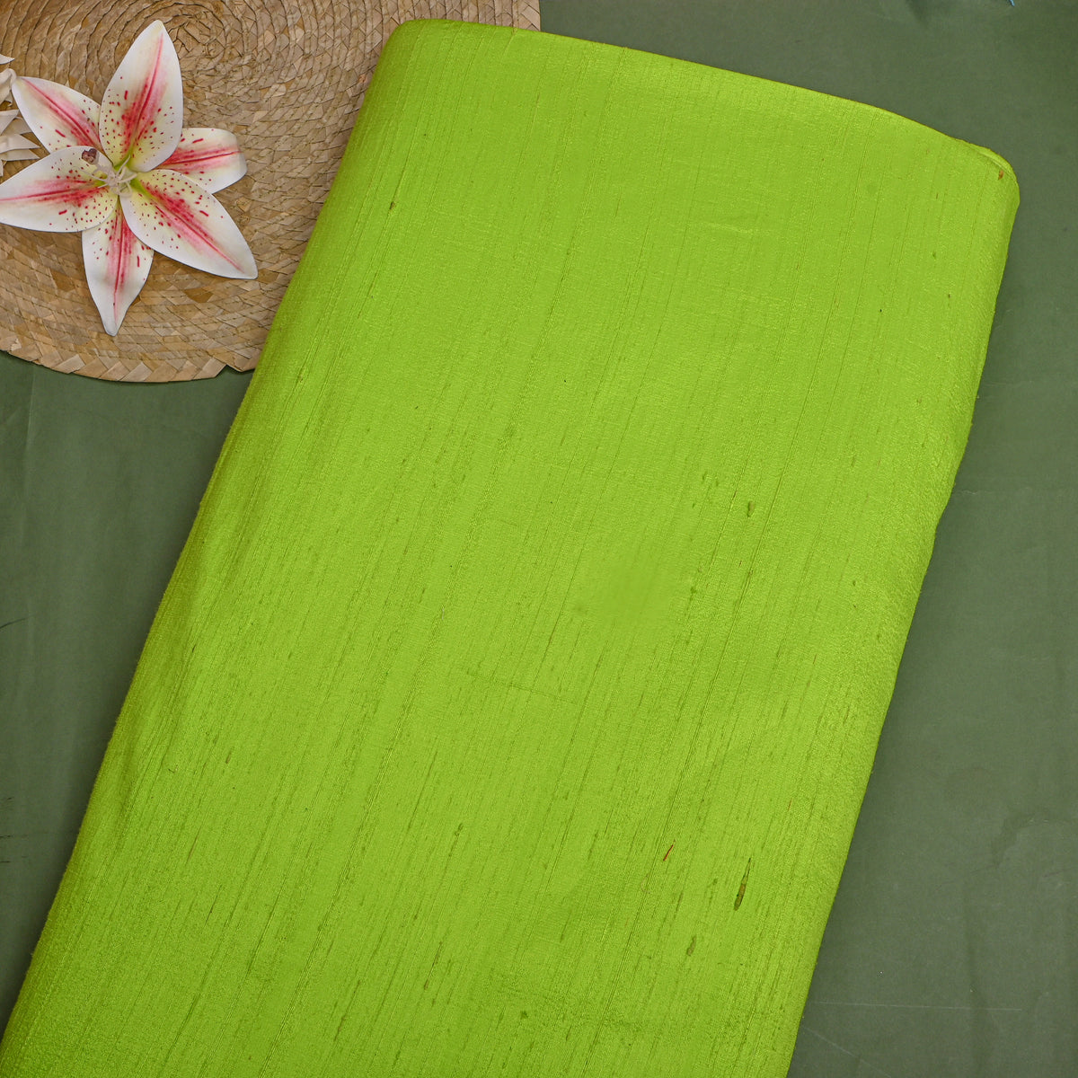 Leaf Green Plain Raw Silk Fabric