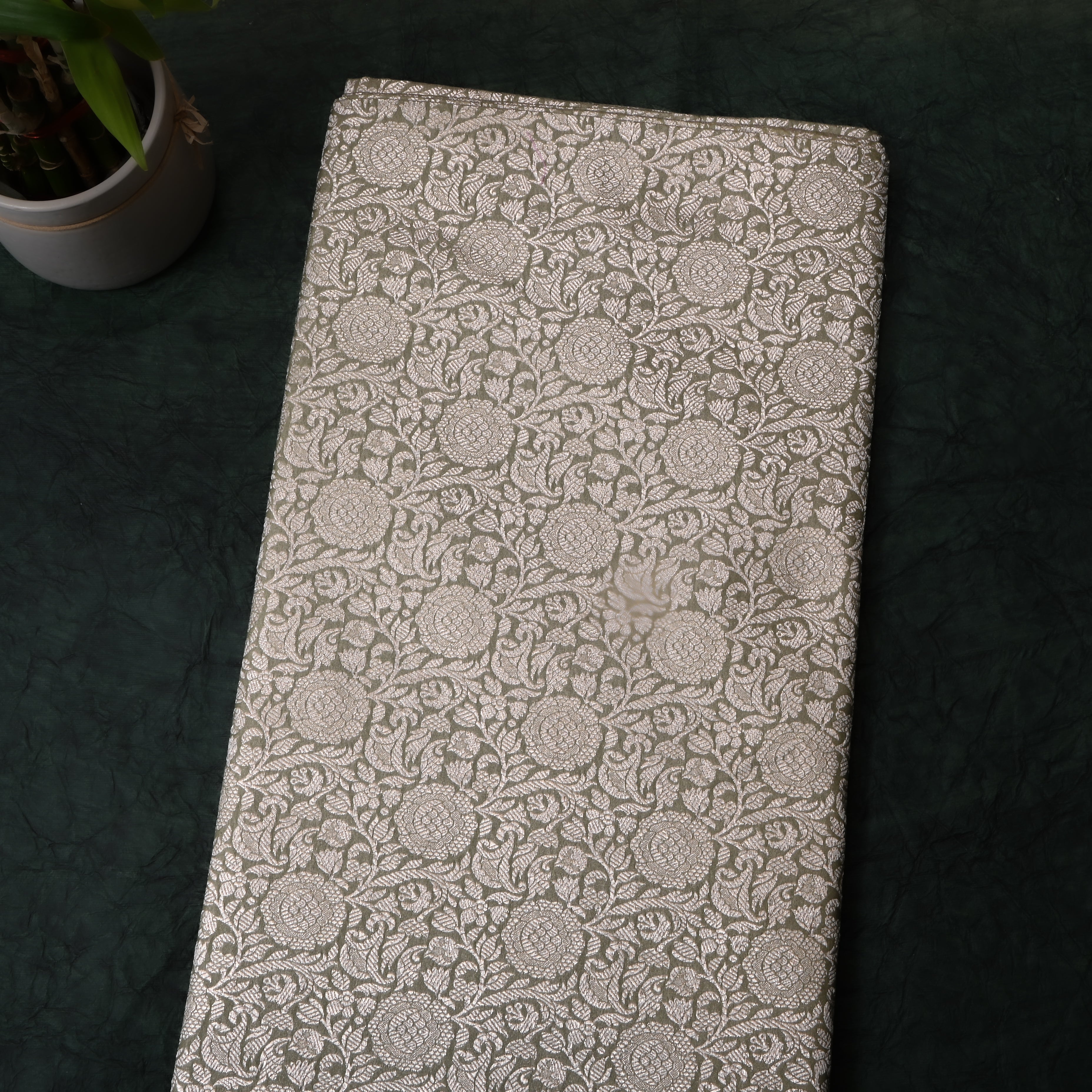 Dusty Green Floral Jamawar Silk Fabric