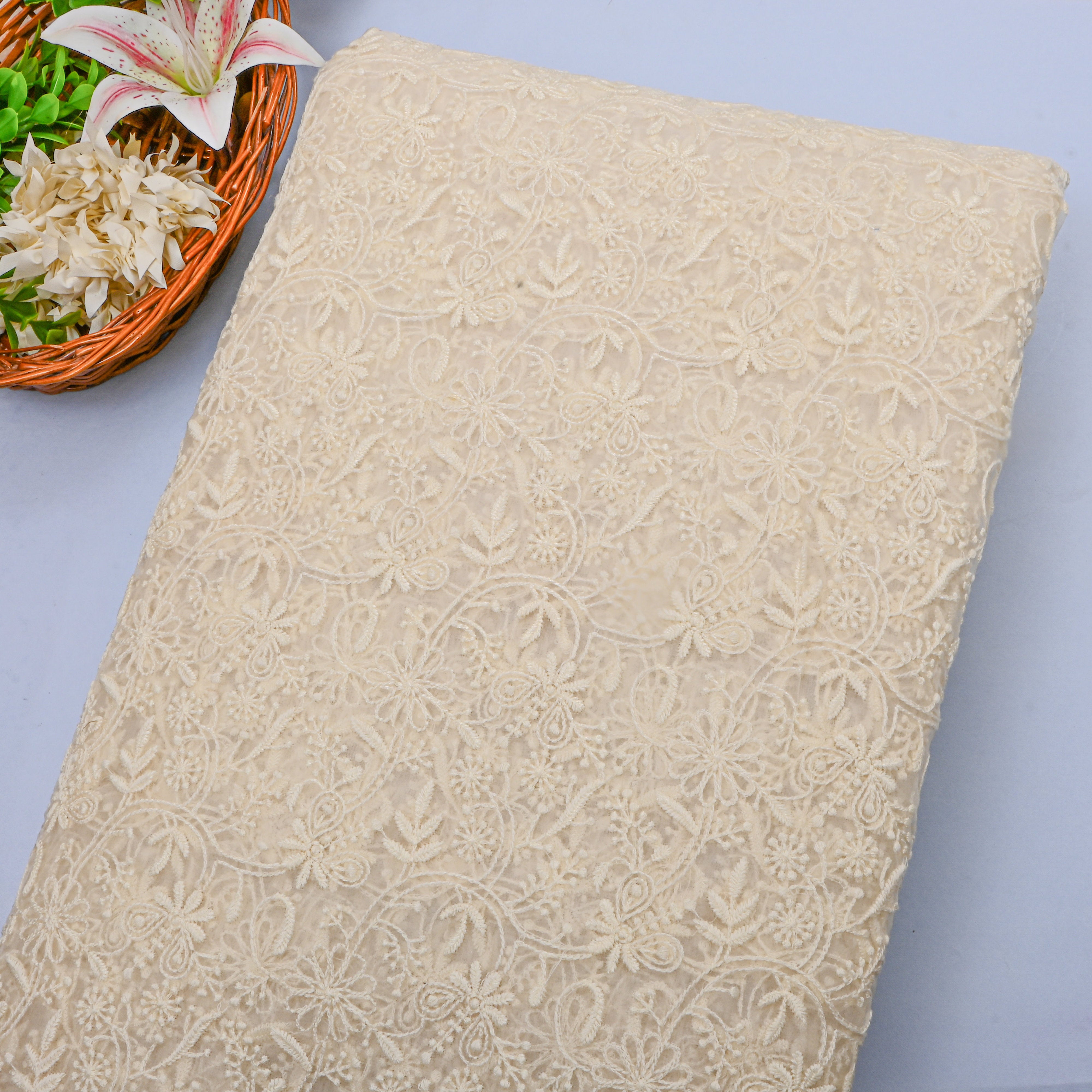 Cream White Floral Chikankari Georgette Fabric
