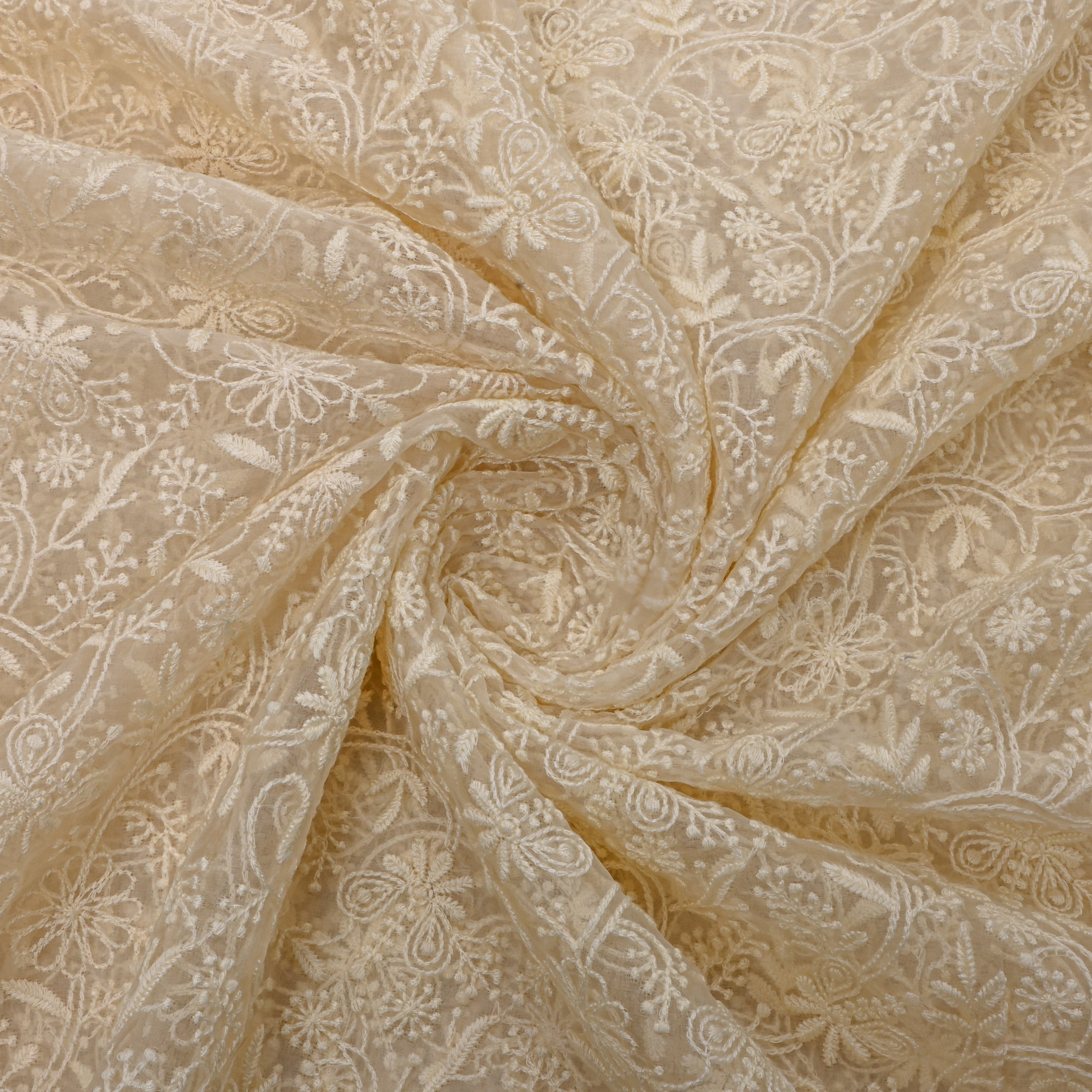 Cream White Floral Chikankari Georgette Fabric