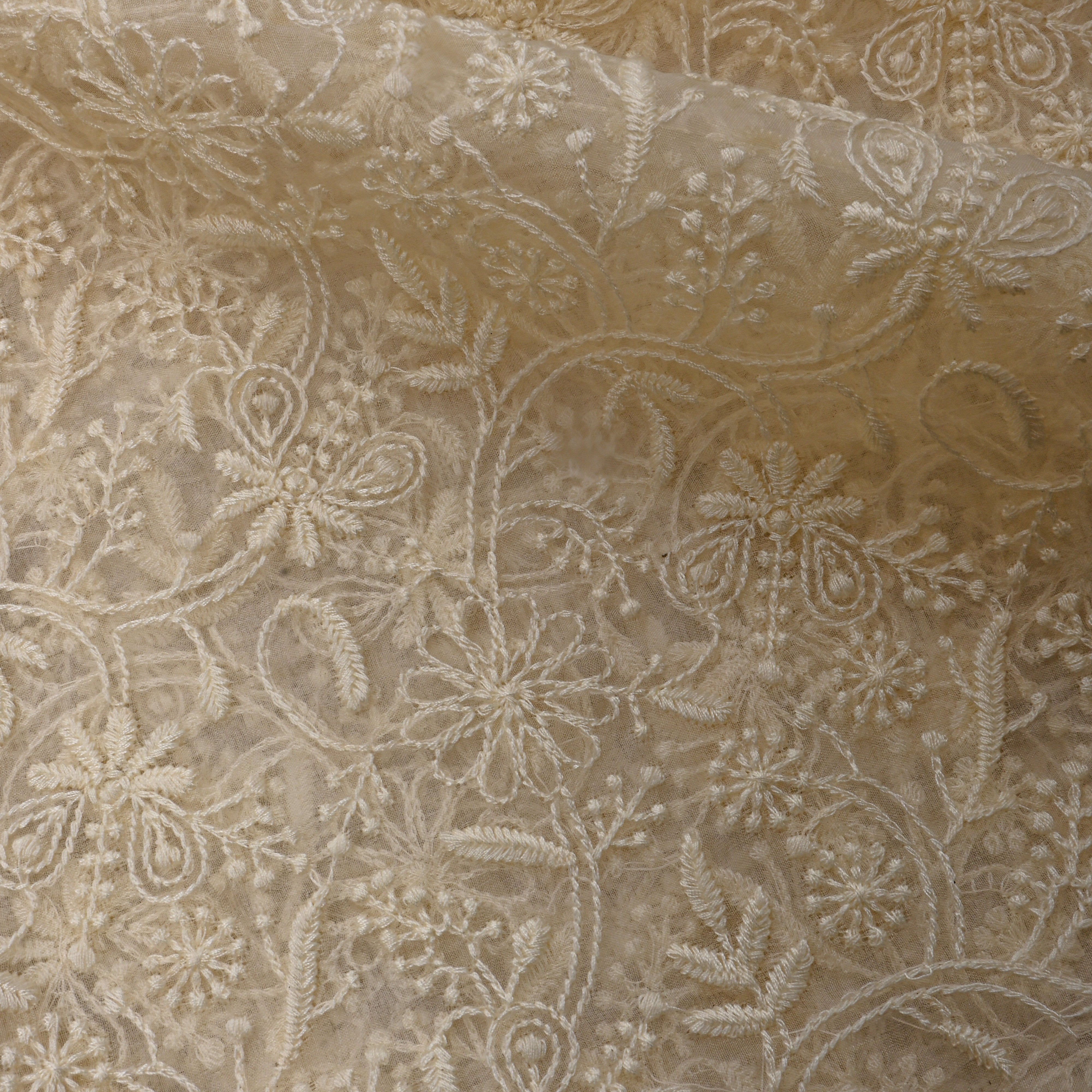 Cream White Floral Chikankari Georgette Fabric