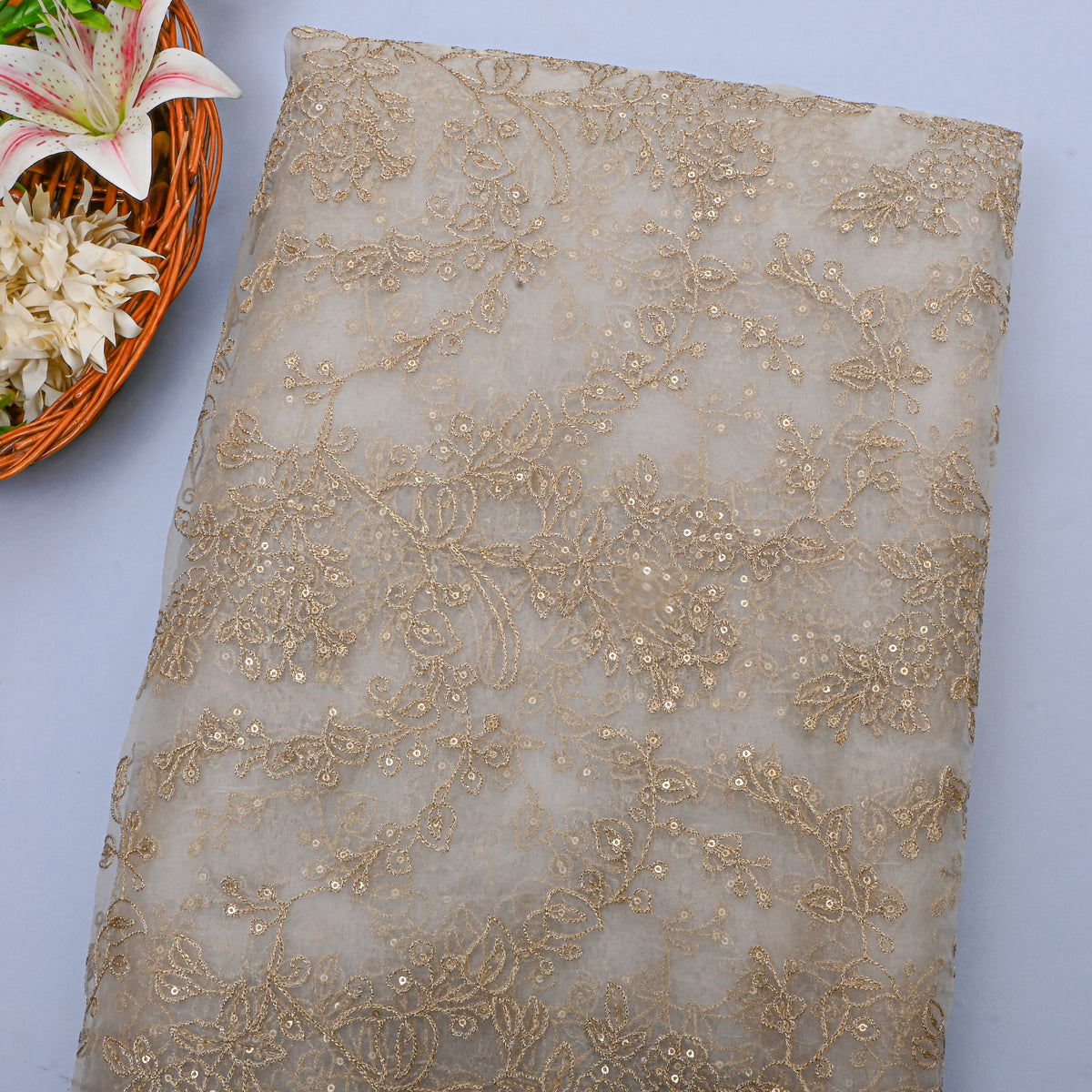 Fossil Gray Jaal Embroidery Organza Fabric