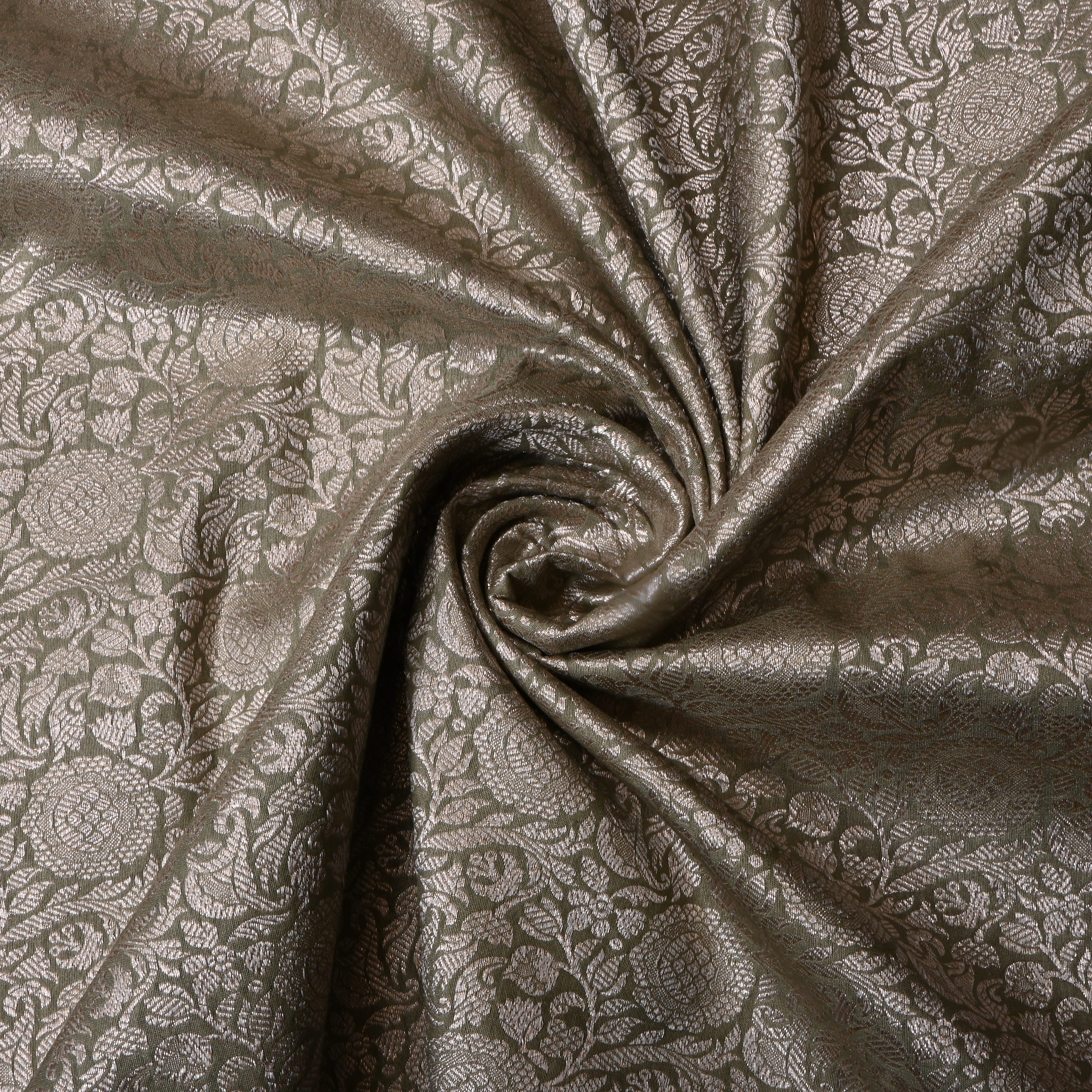 Dusty Green Floral Jamawar Silk Fabric