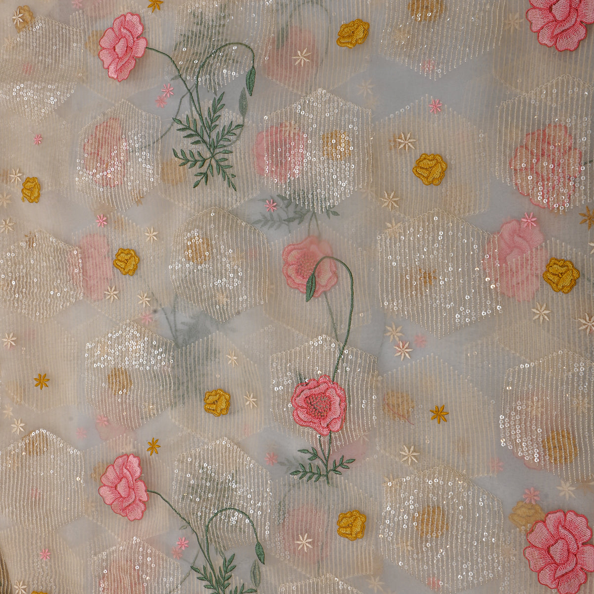 White Multicolour Sequin Floral Organza Fabric