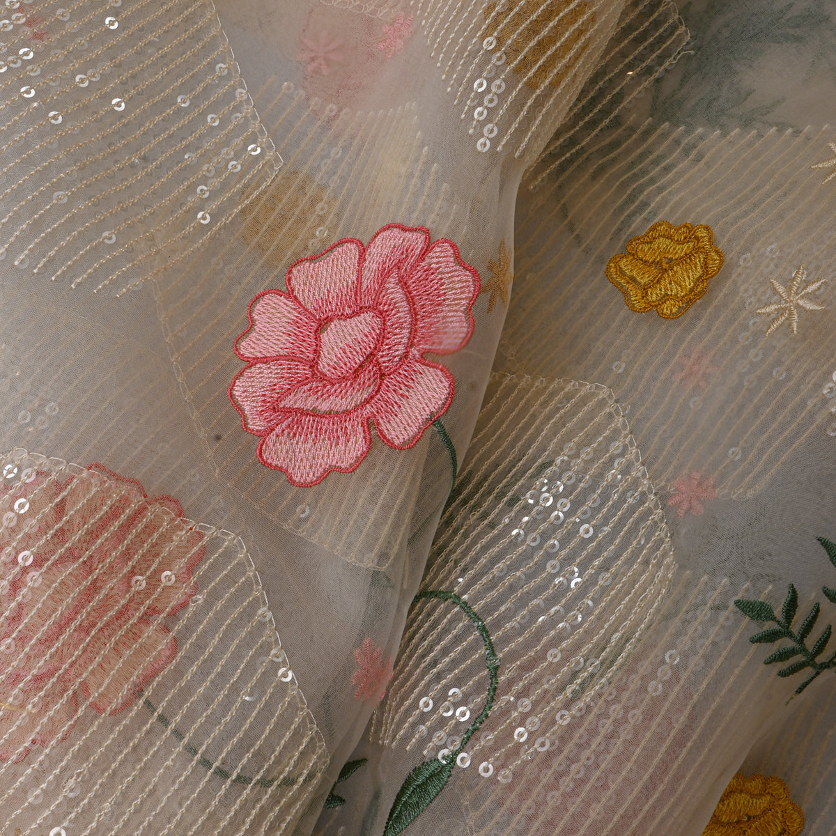 White Multicolour Sequin Floral Organza Fabric