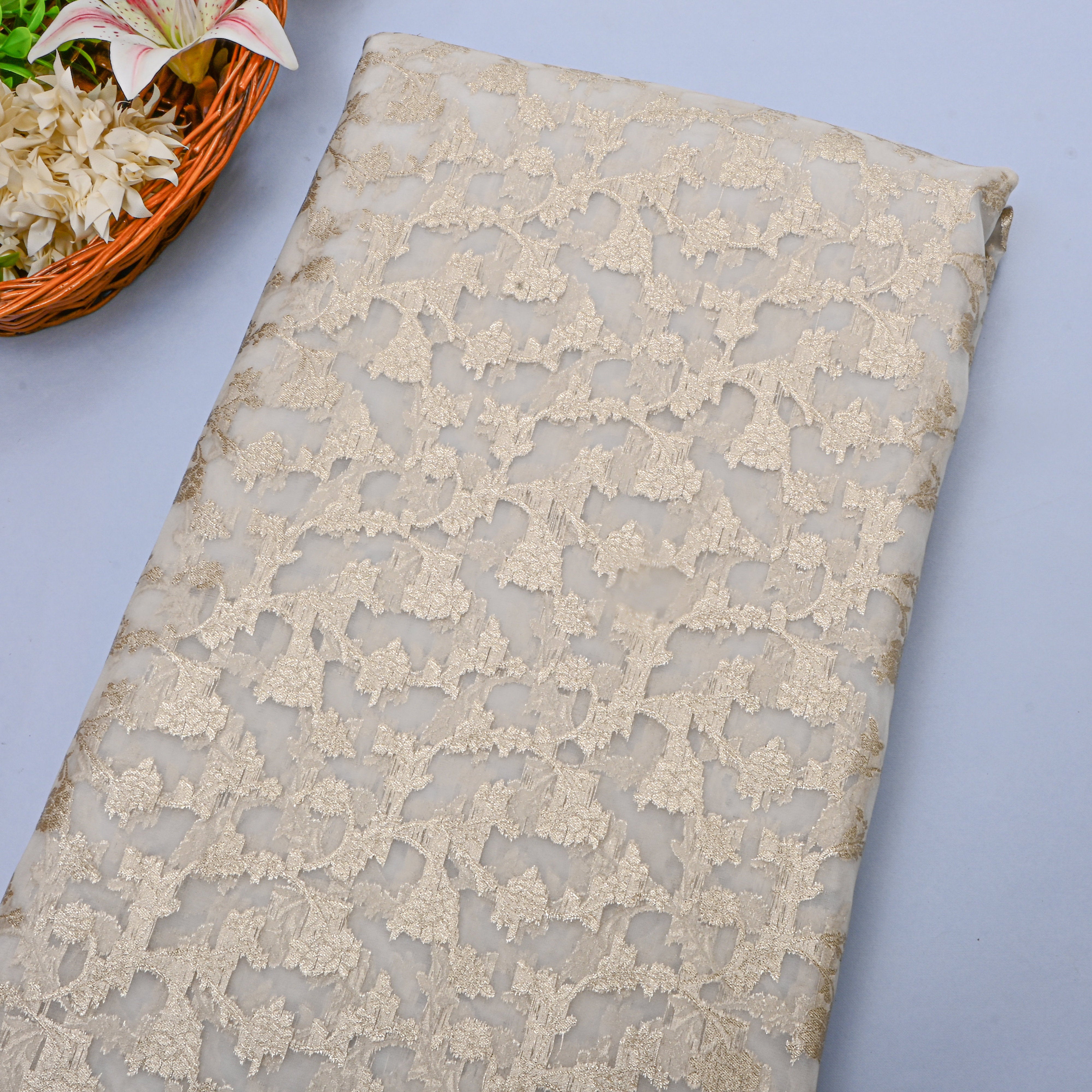 White And Gold Embroidery Jamawar Organza Fabric