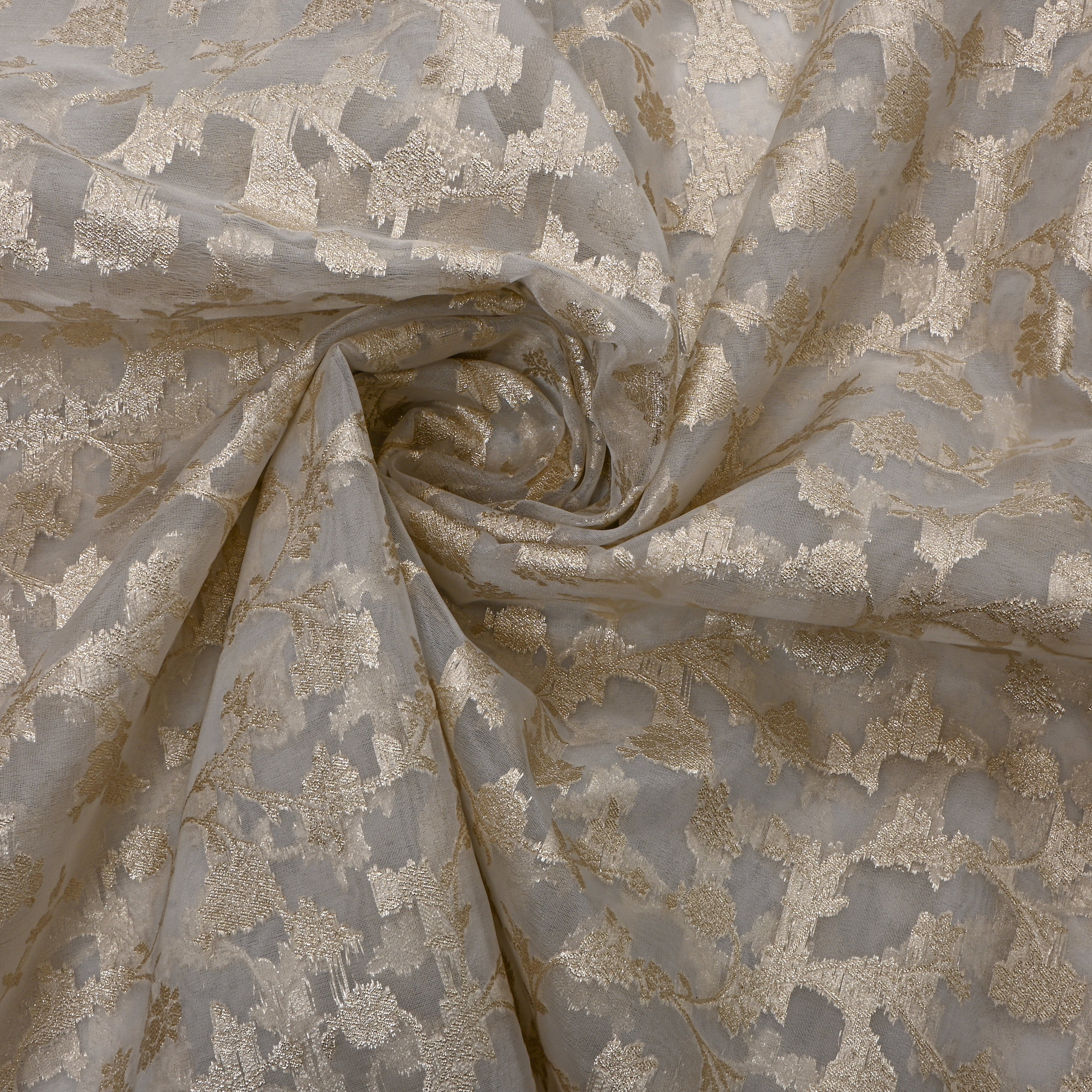 White And Gold Embroidery Jamawar Organza Fabric