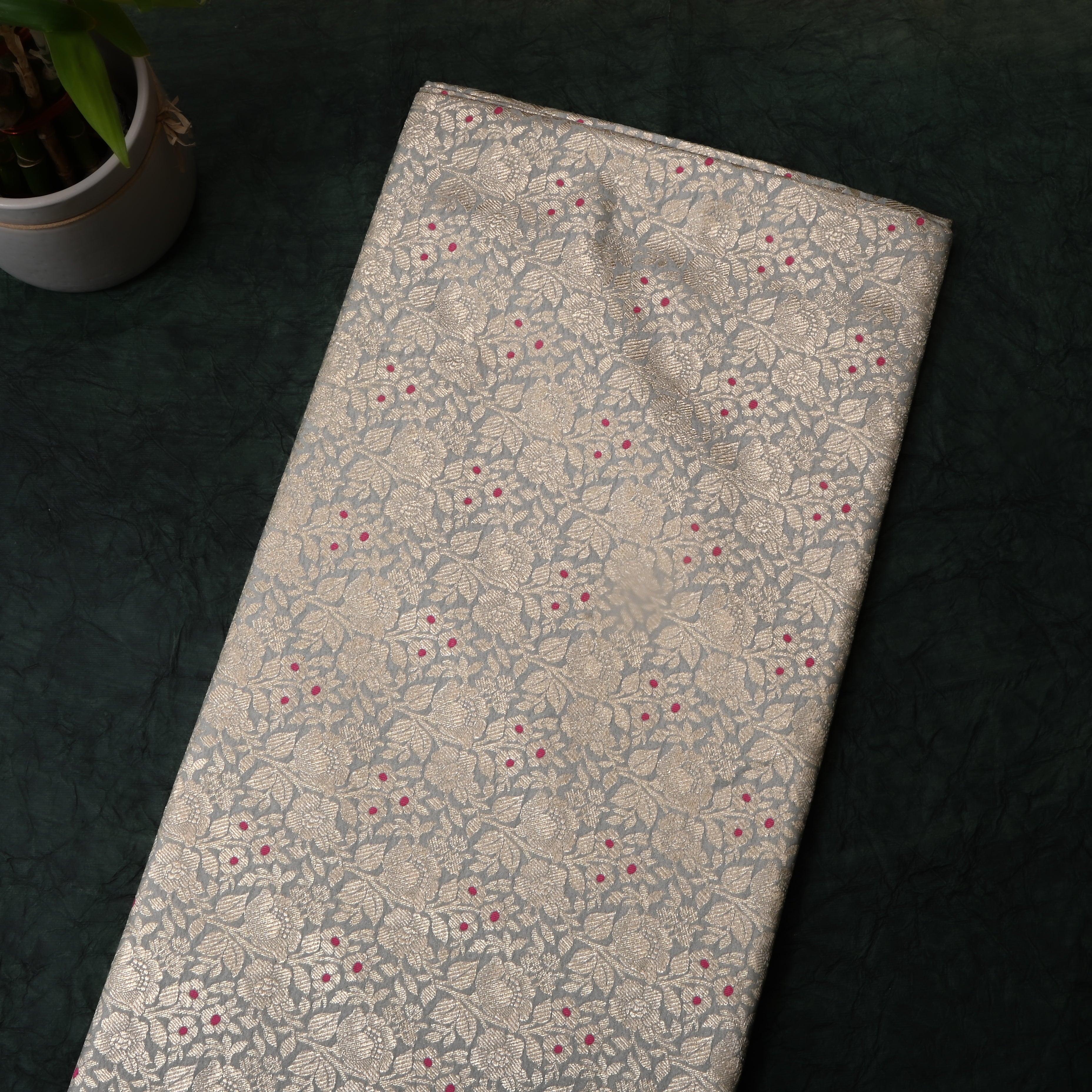 Shadow Grey Floral Jamawar Silk Fabric