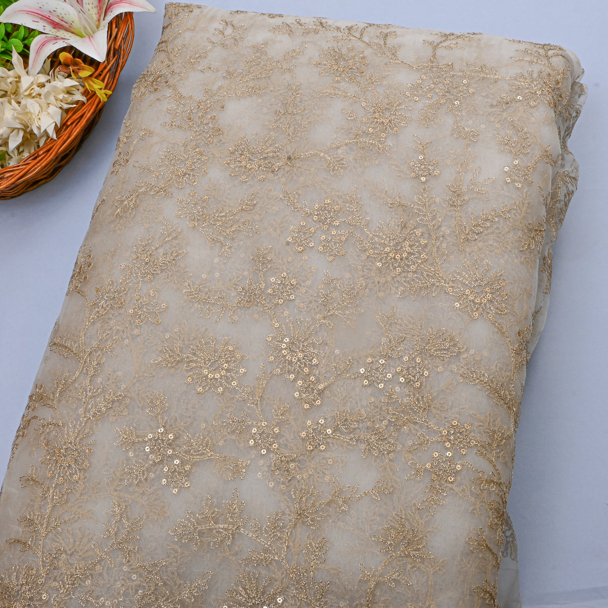 White Gold Sequin Jaal Organza Fabric