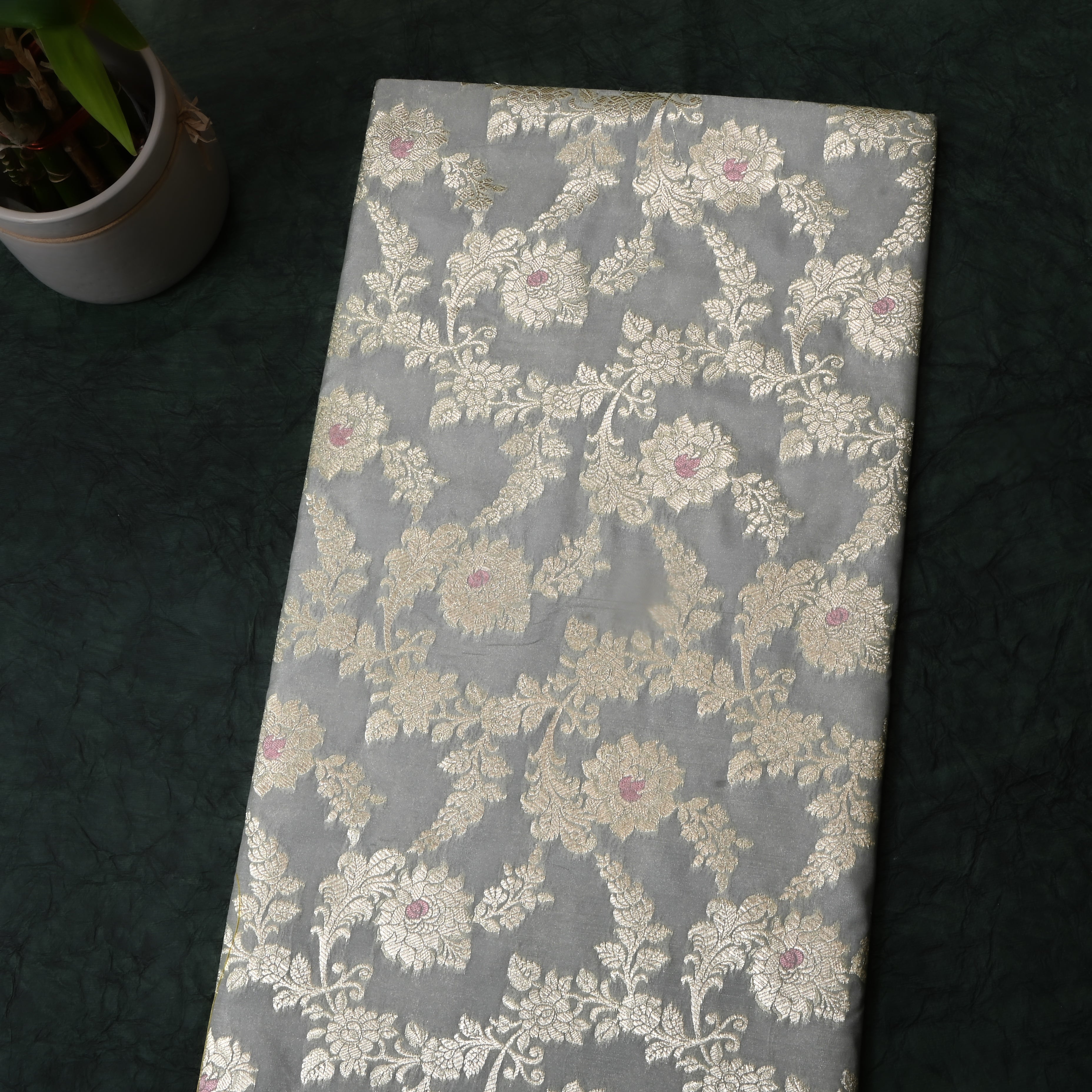 Grey Floral Jamawar Silk Fabric