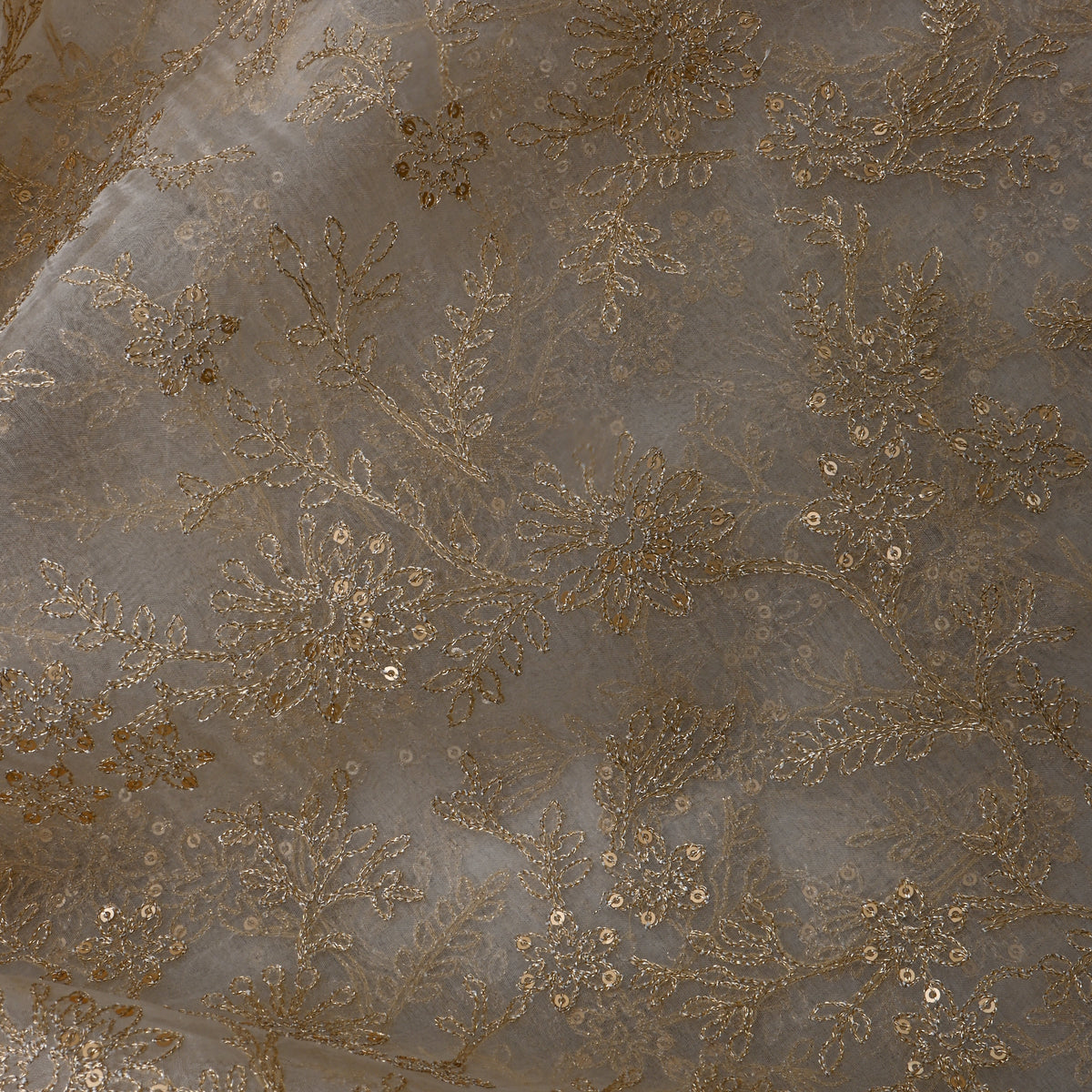 White Gold Sequin Jaal Organza Fabric