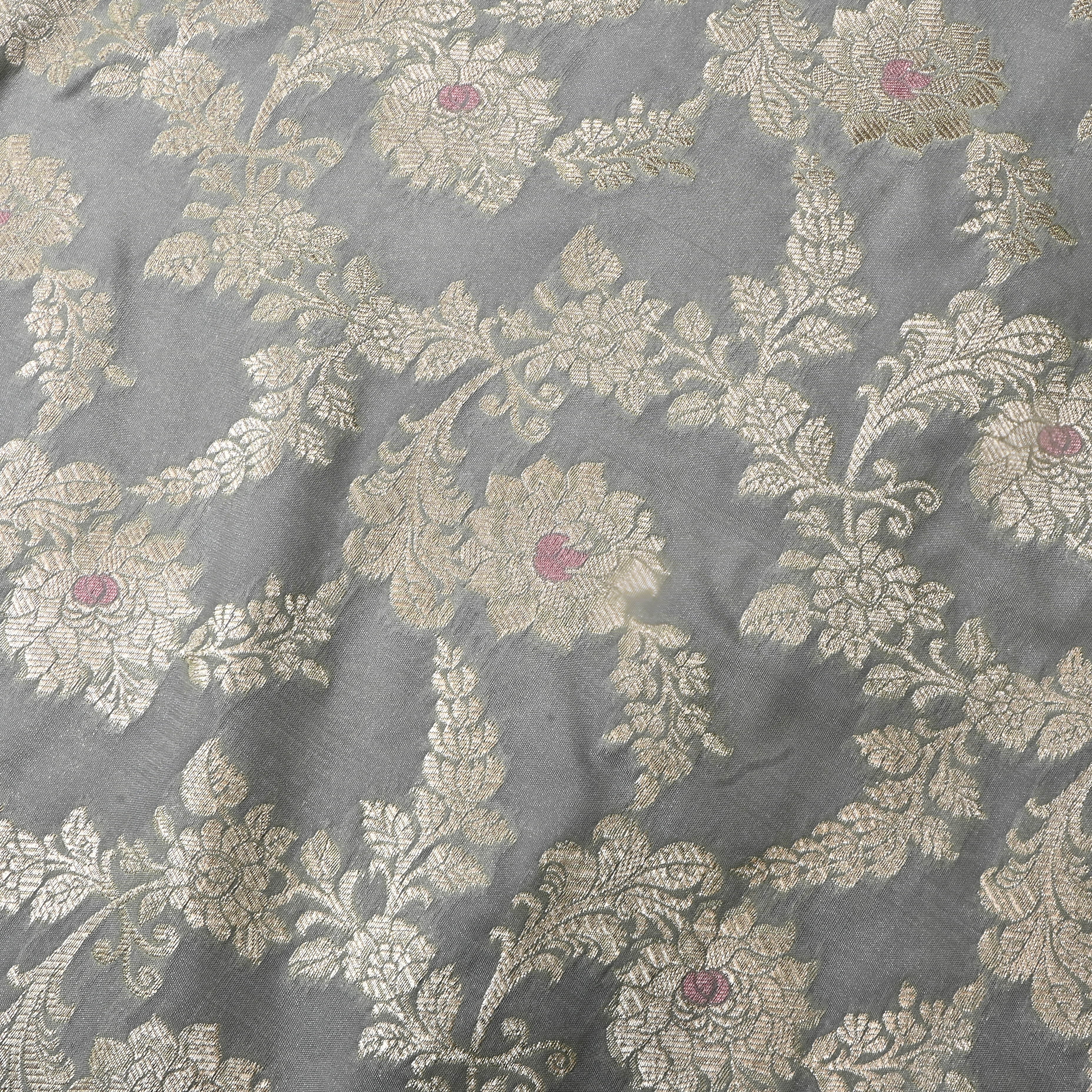 Grey Floral Jamawar Silk Fabric