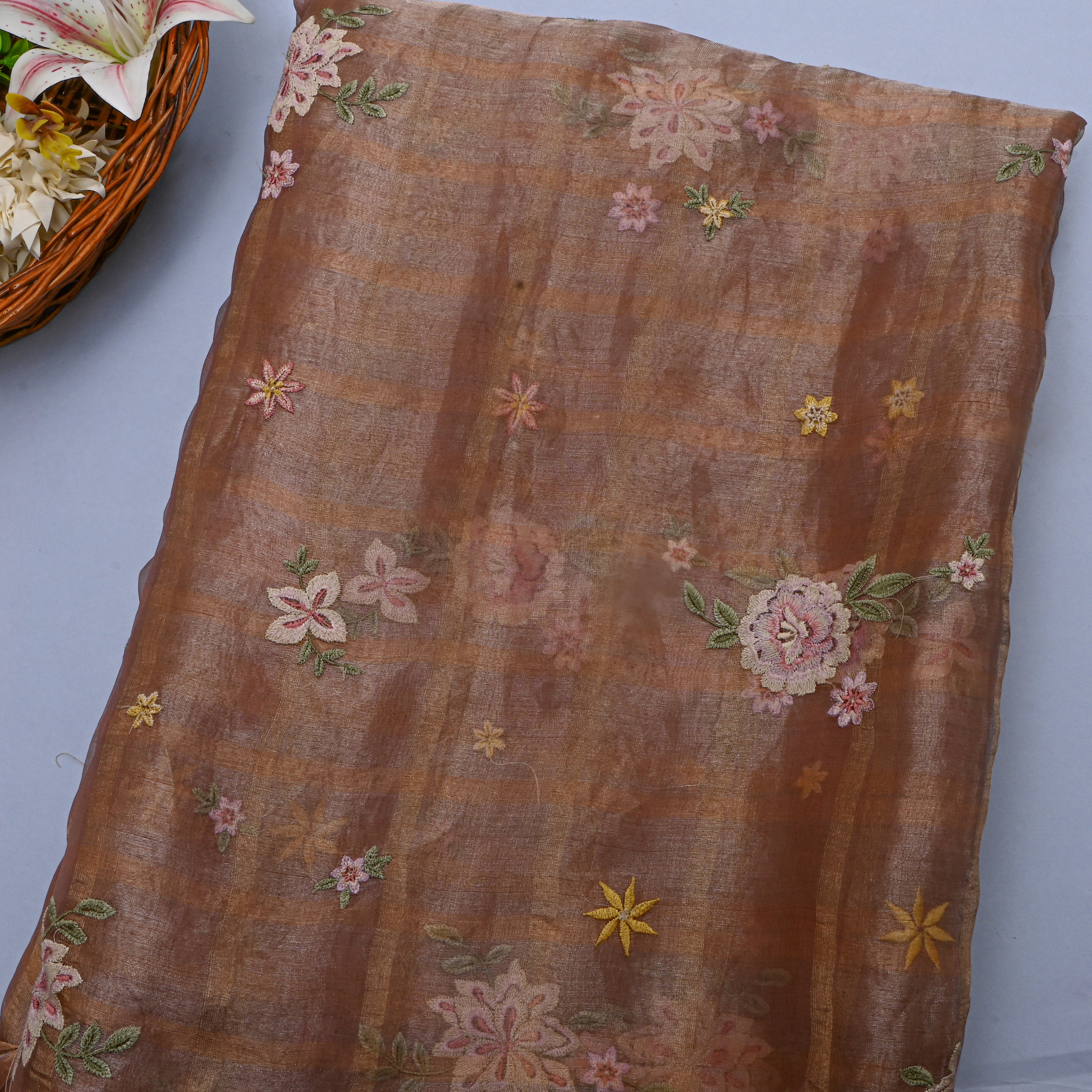 Muted Copper Onion Pink Tissue Fabric With Checks And Floral Embellishment