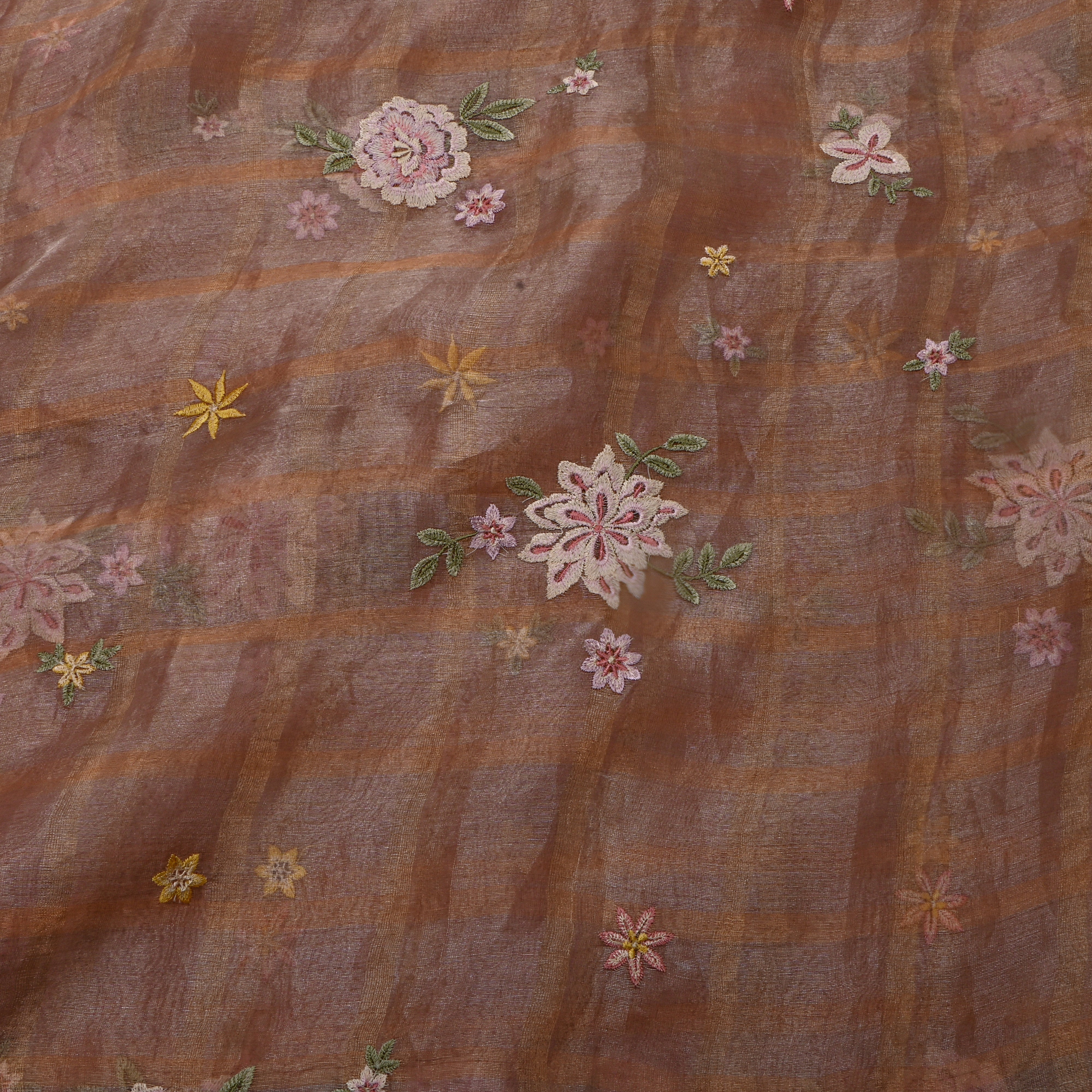 Muted Copper Onion Pink Tissue Fabric With Checks And Floral Embellishment
