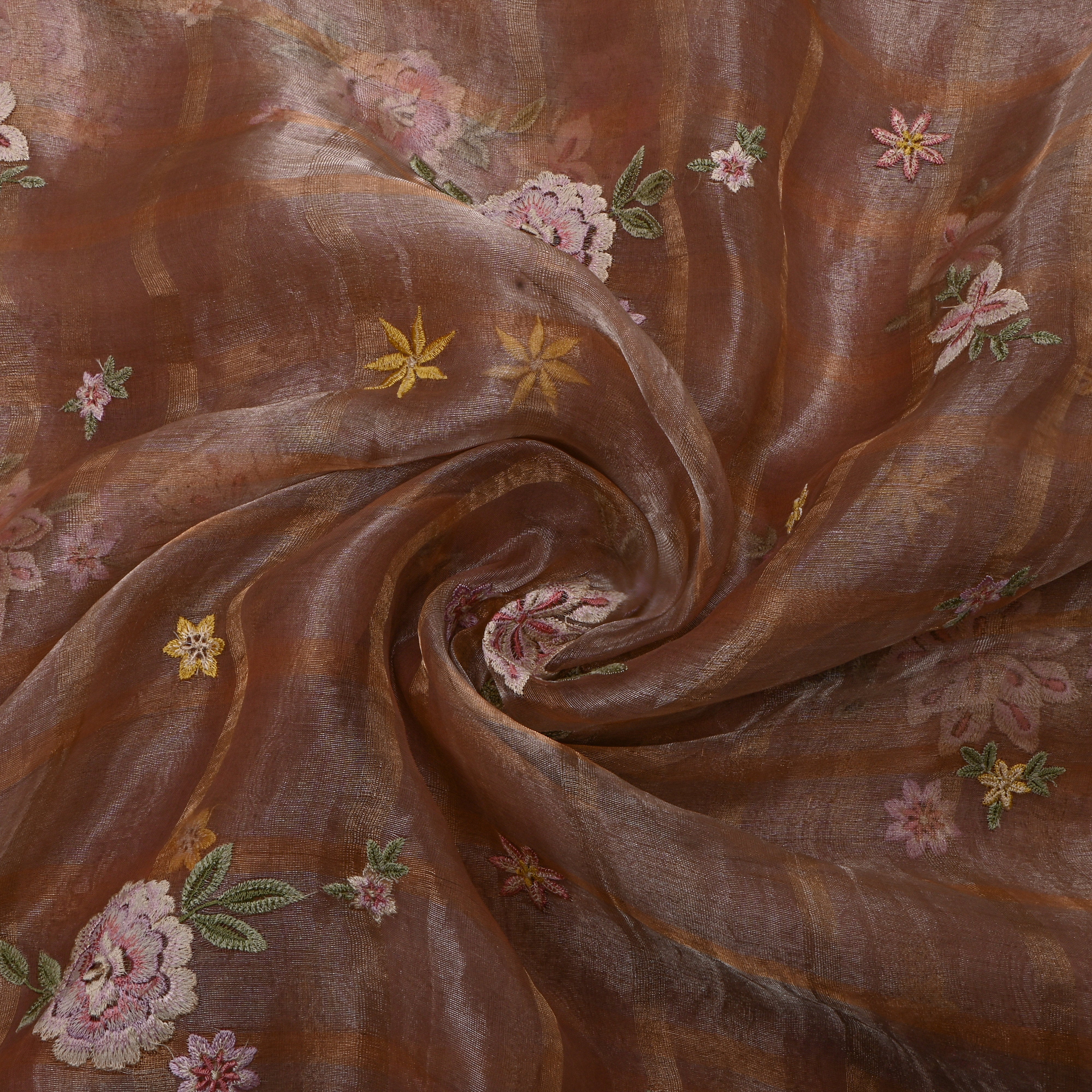 Muted Copper Onion Pink Tissue Fabric With Checks And Floral Embellishment