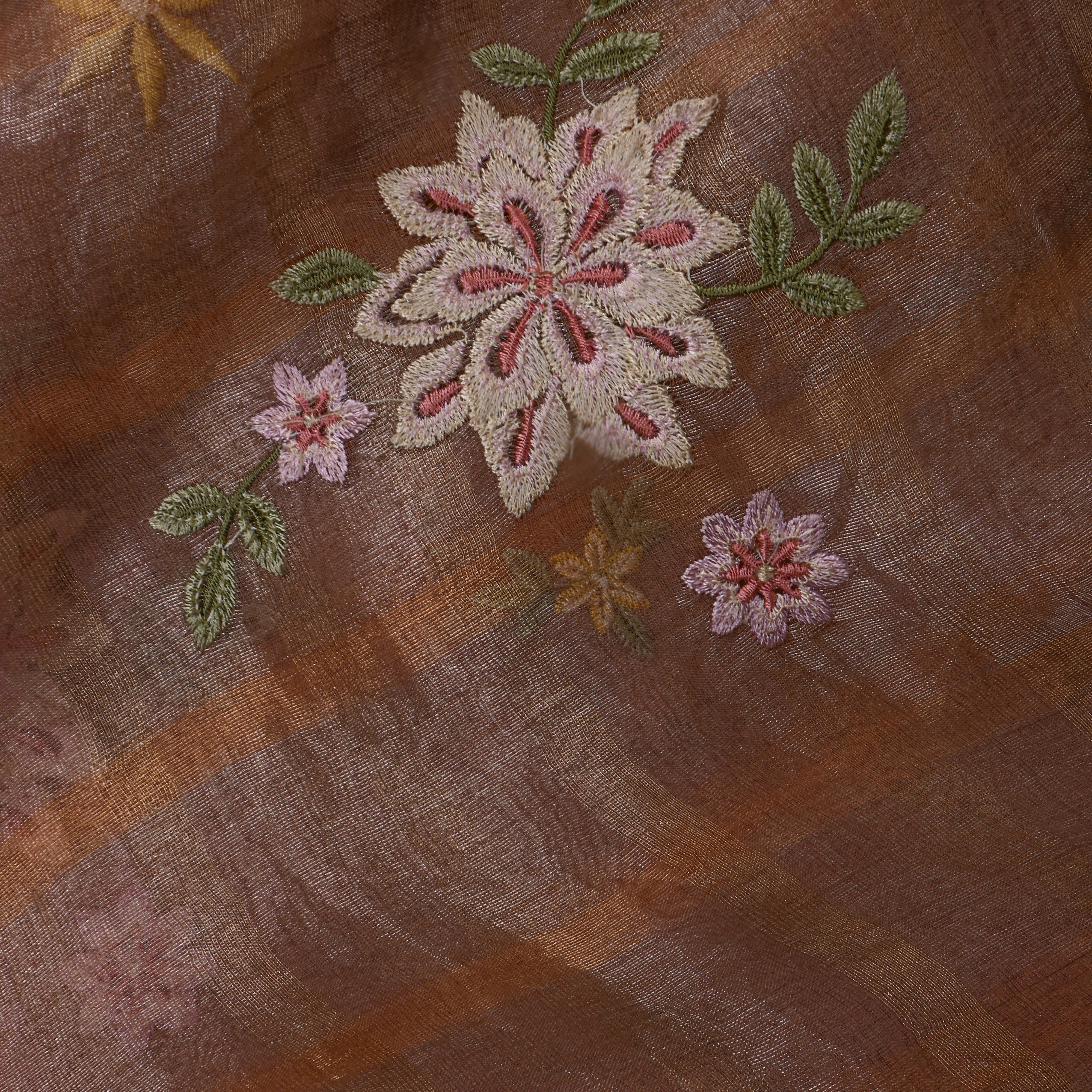 Muted Copper Onion Pink Tissue Fabric With Checks And Floral Embellishment