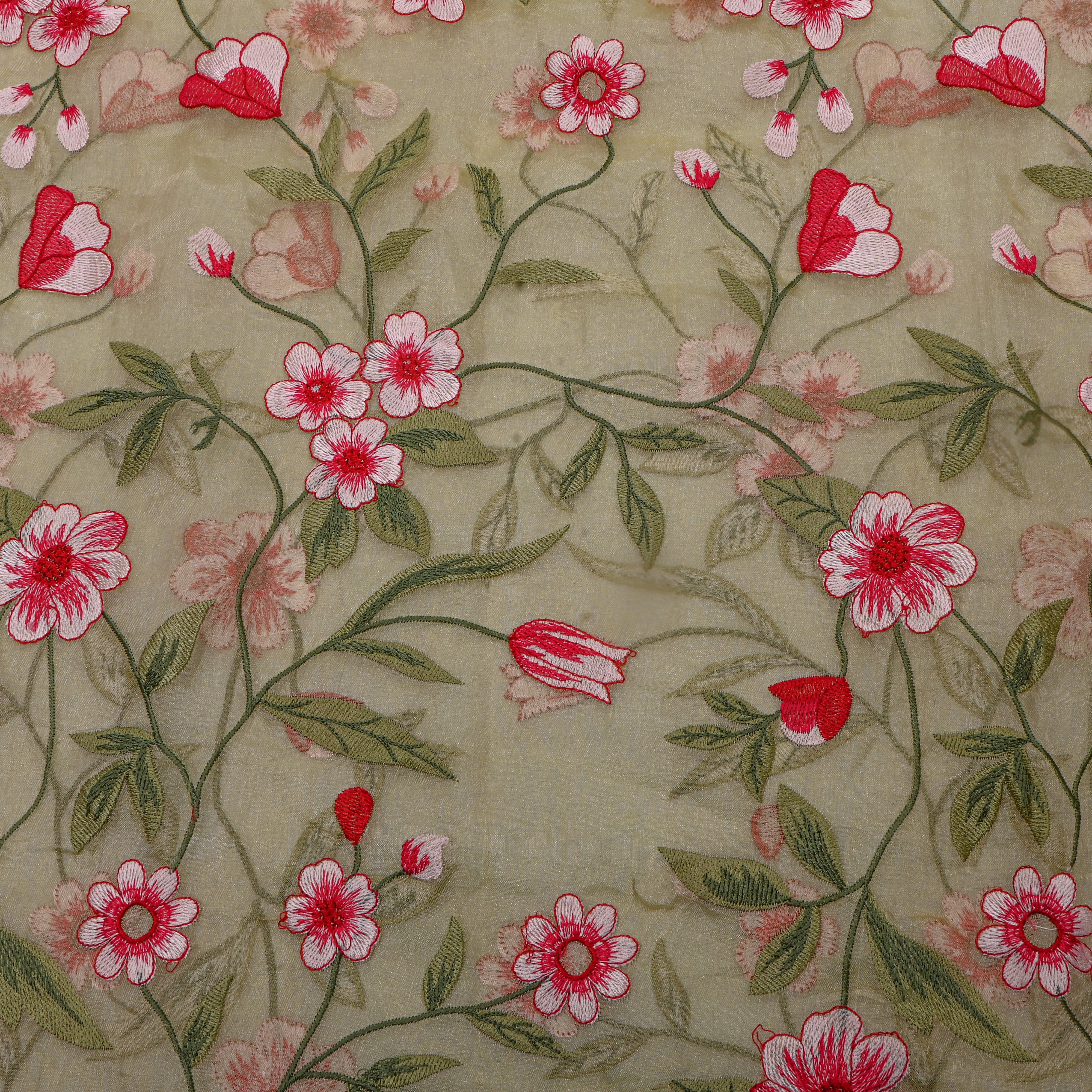 Bright Green Tissue Fabric With Floral Jaal Thread Work