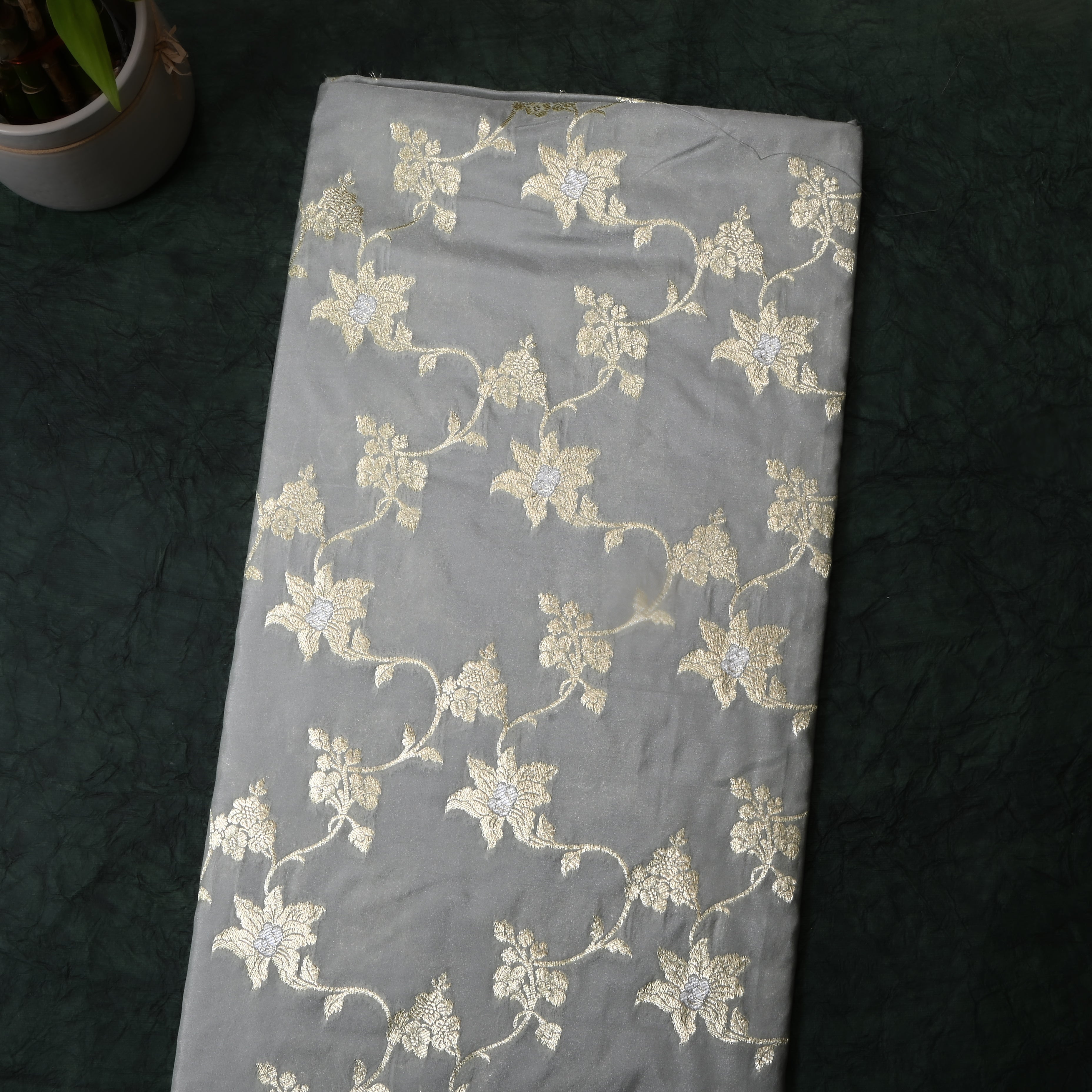 Graphite Grey Floral Jamawar Silk Fabric