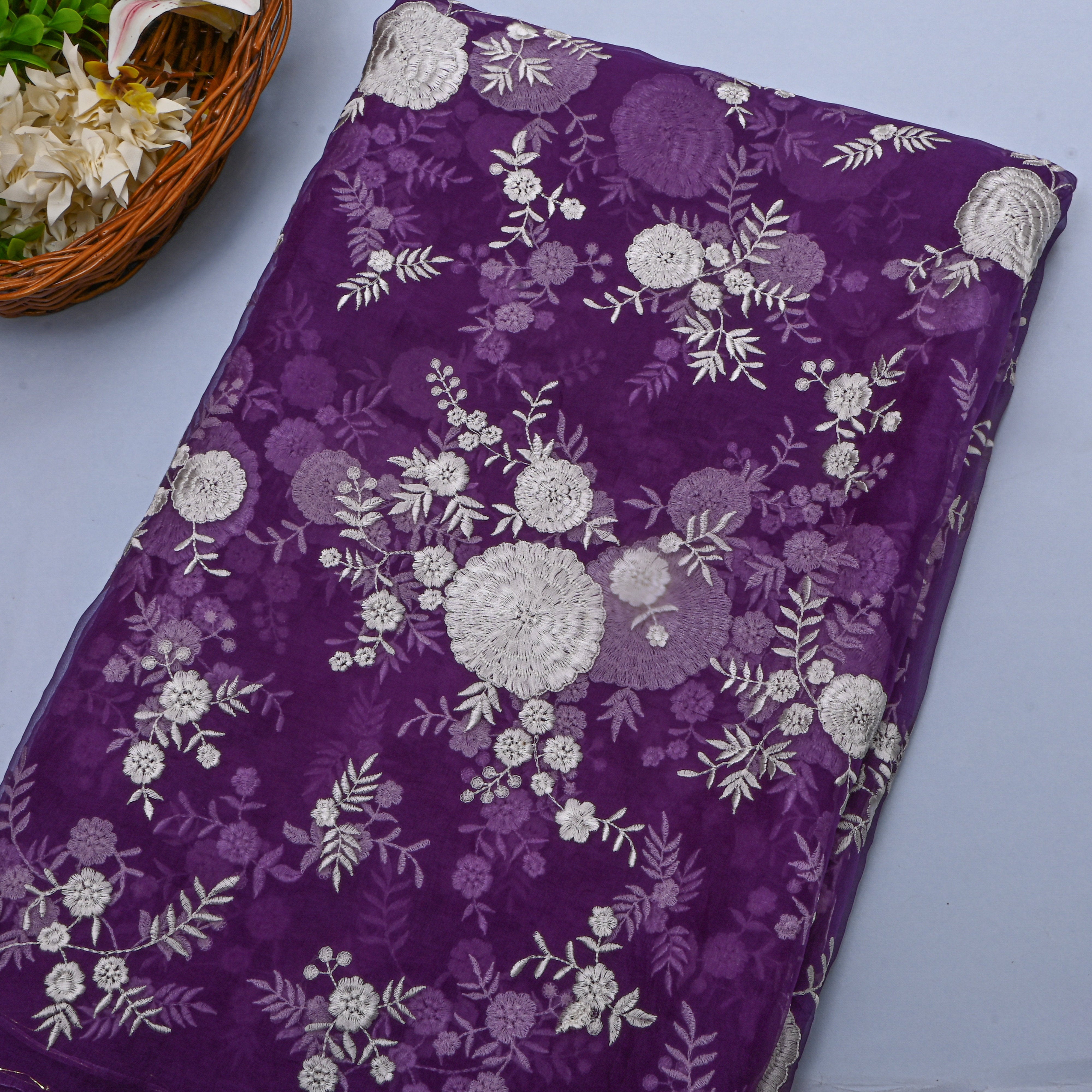 Purple With Silve Floral Embroidery Organza Fabric