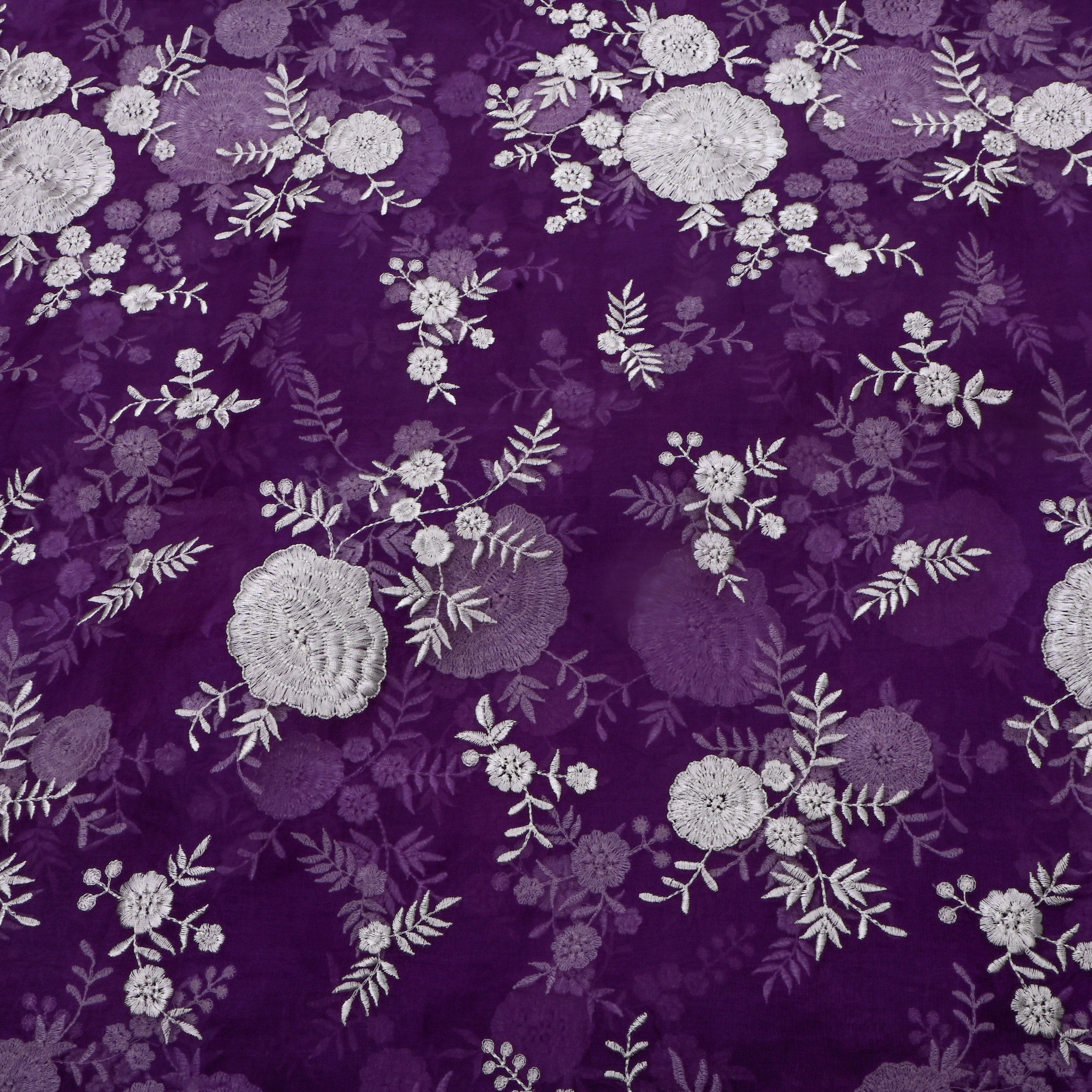 Purple With Silve Floral Embroidery Organza Fabric