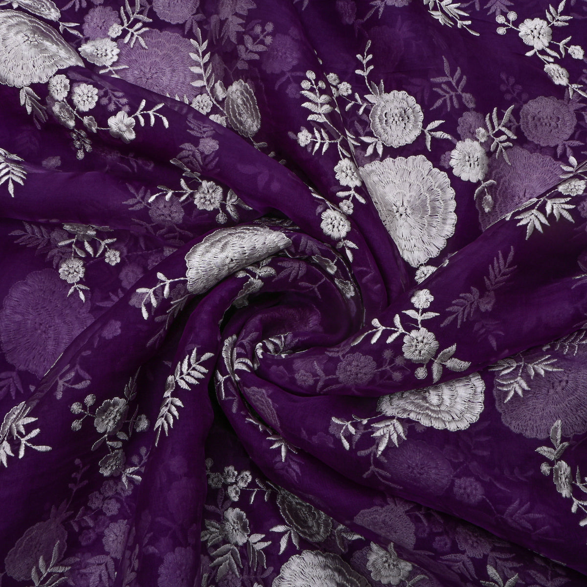 Purple With Silve Floral Embroidery Organza Fabric
