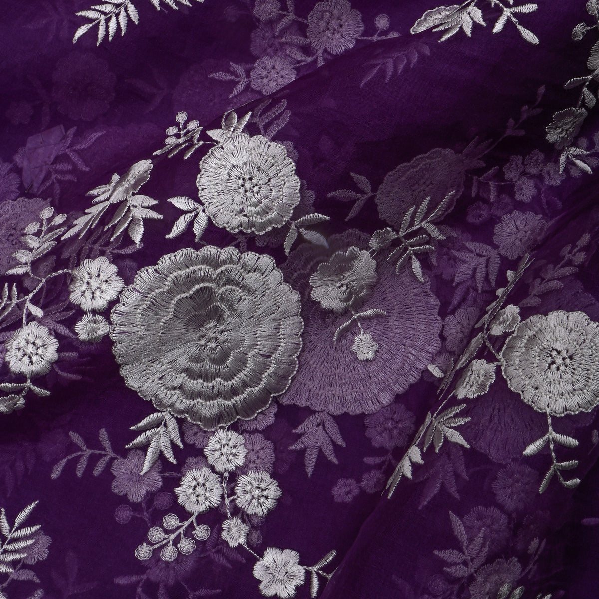 Purple With Silve Floral Embroidery Organza Fabric