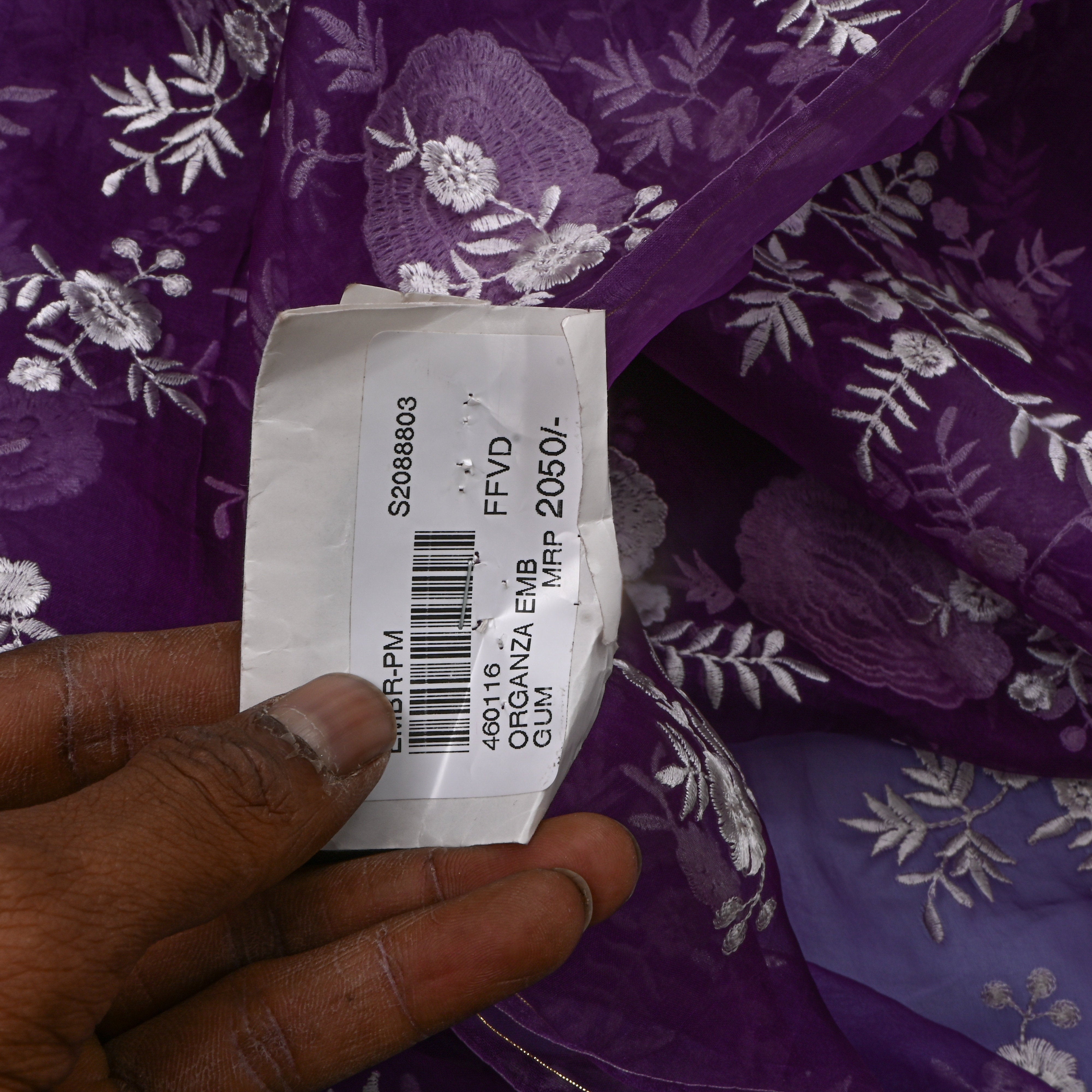 Purple With Silve Floral Embroidery Organza Fabric