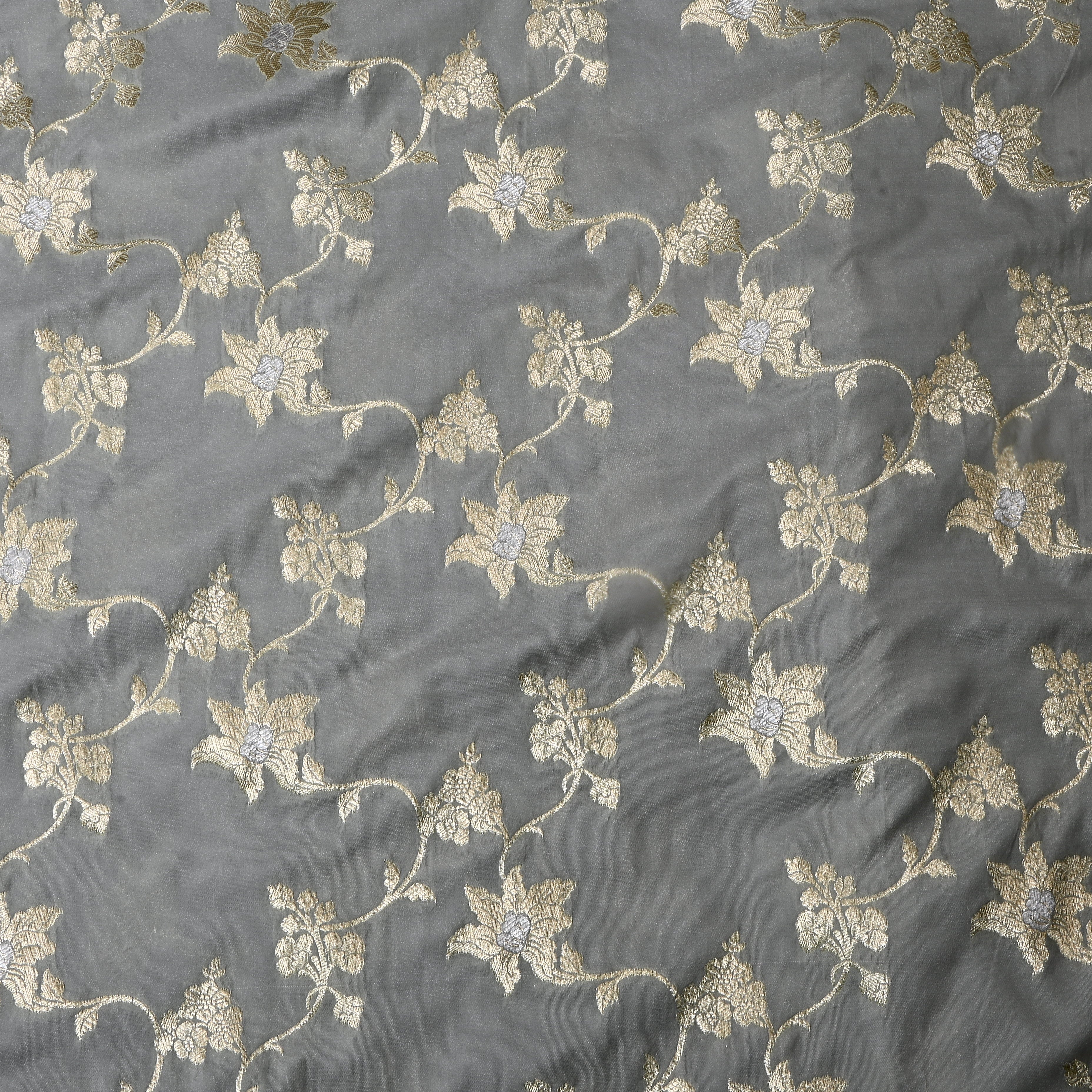 Graphite Grey Floral Jamawar Silk Fabric