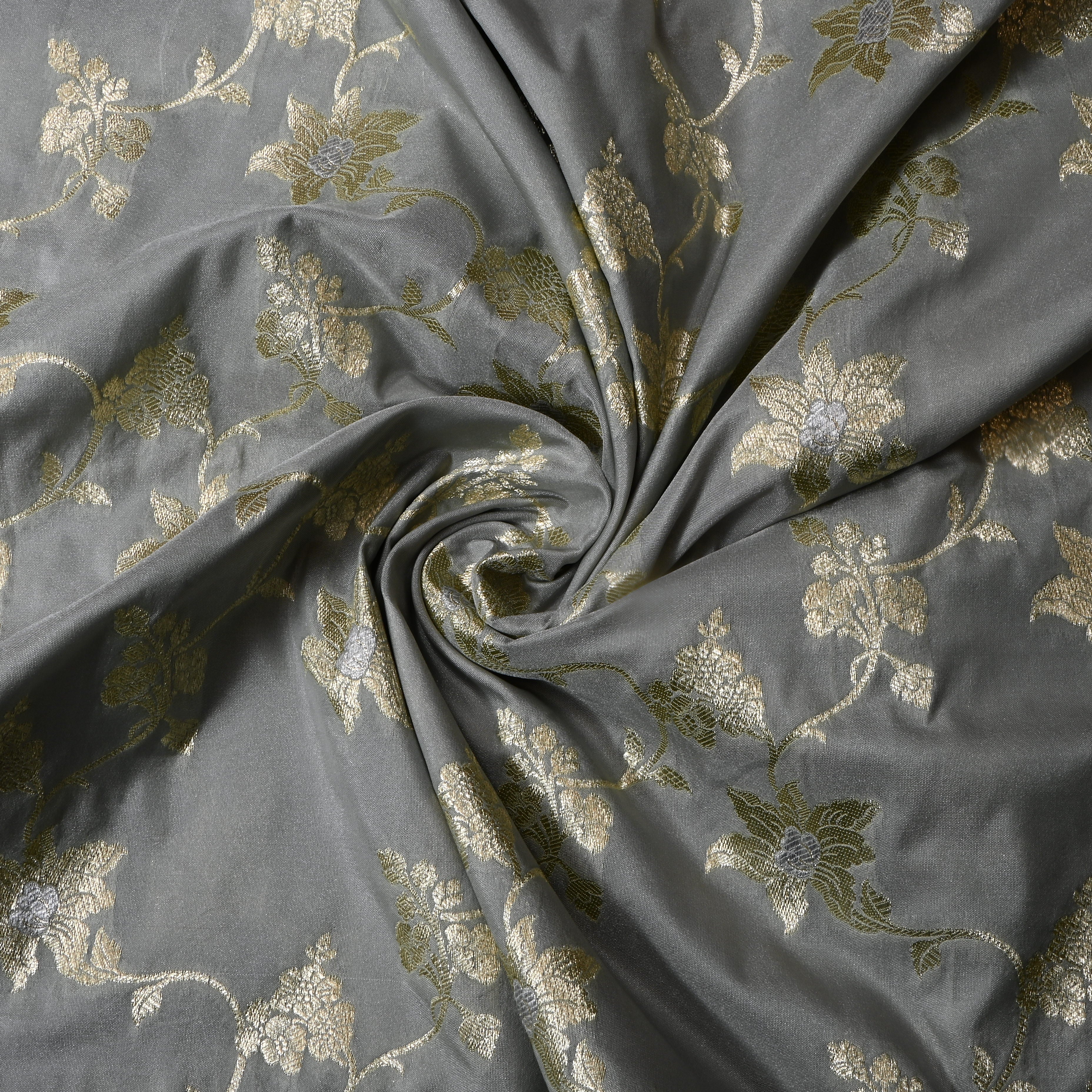 Graphite Grey Floral Jamawar Silk Fabric