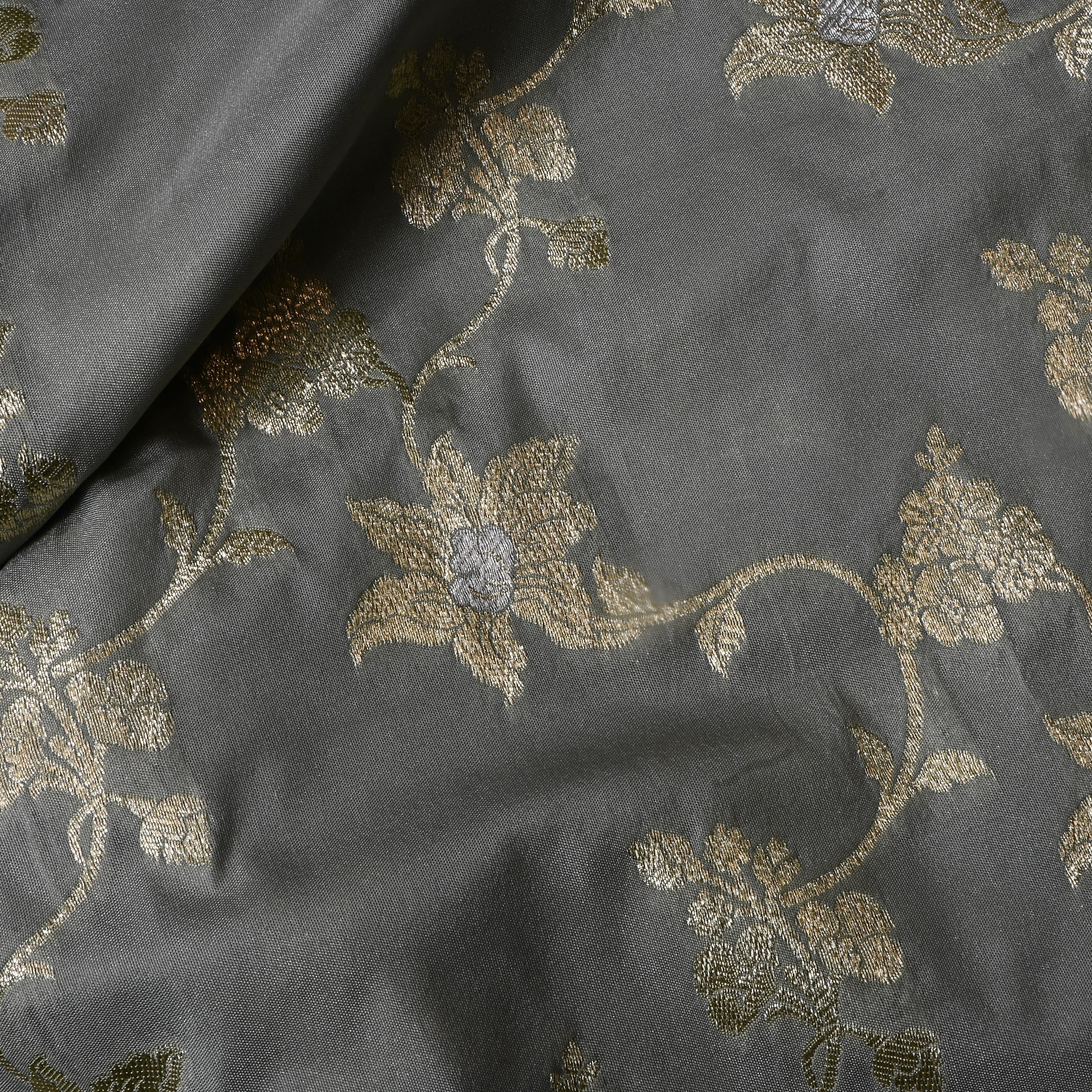 Graphite Grey Floral Jamawar Silk Fabric