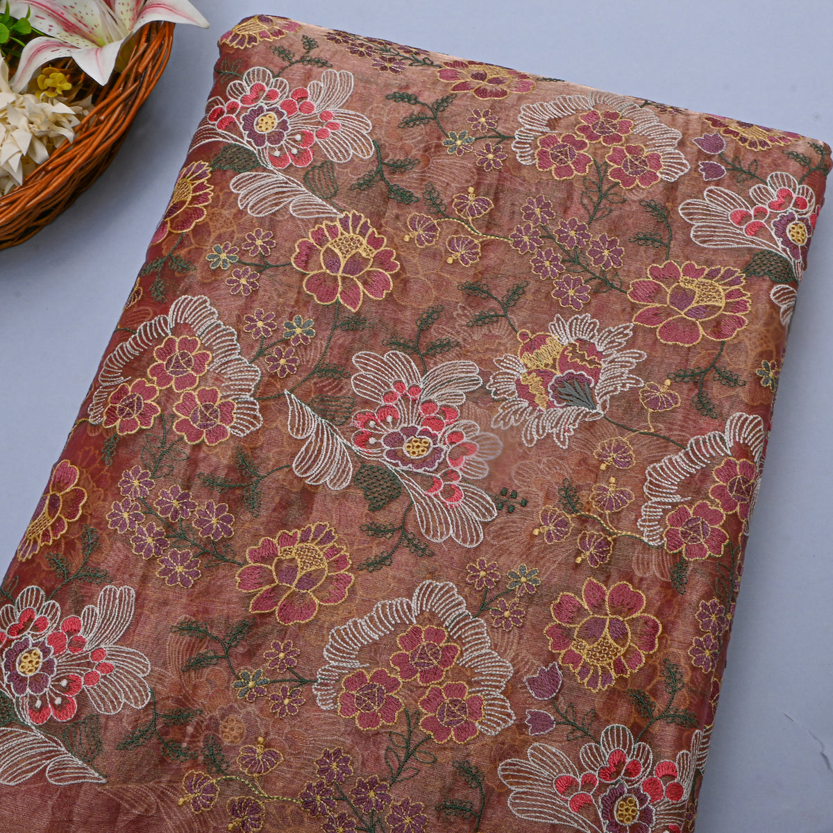 Onion Pink Thread Work Embroidery Tiisue Fabric