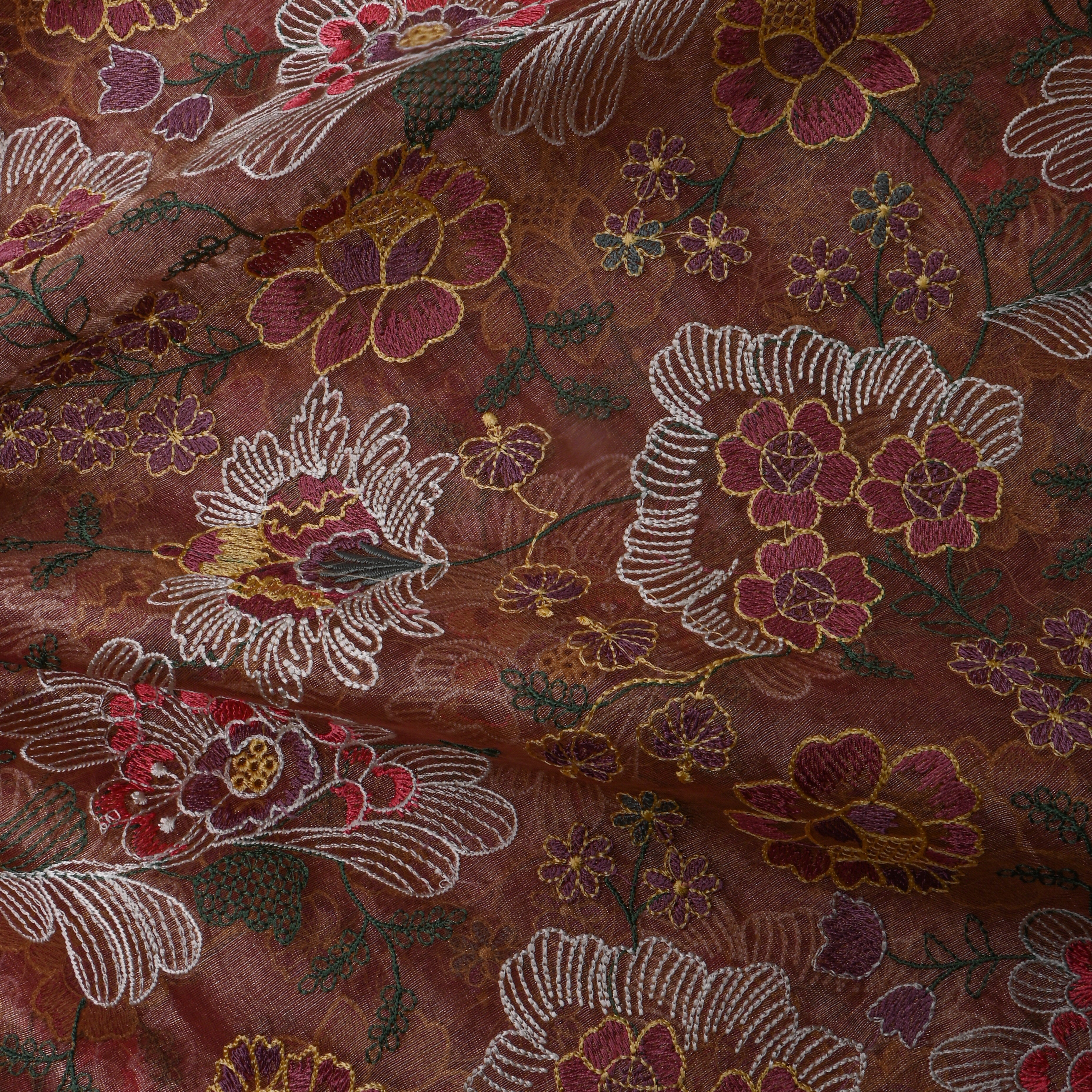Onion Pink Thread Work Embroidery Tiisue Fabric