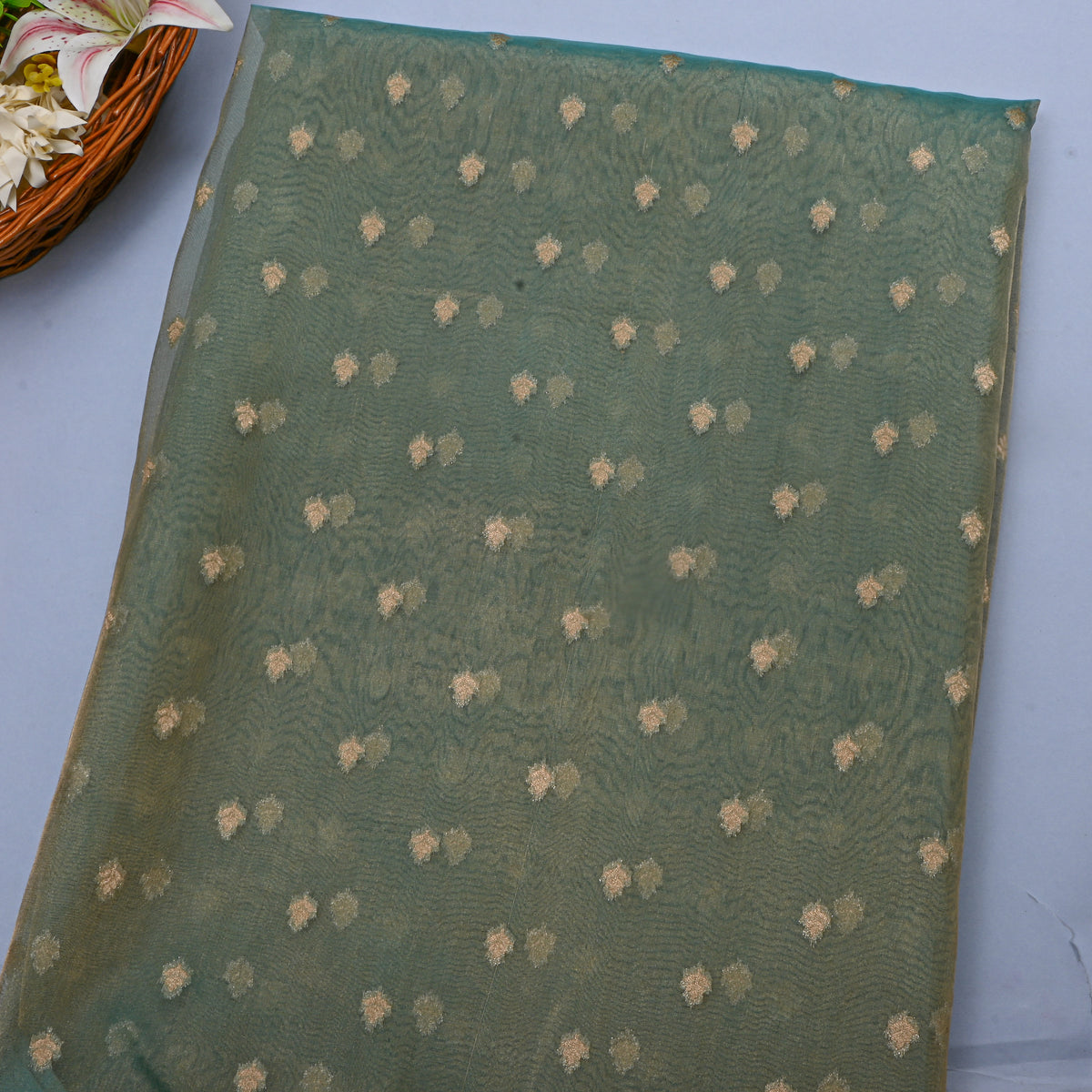 Teal Gold Zari Butti Self Weaving Jamawar Tissue Fabric