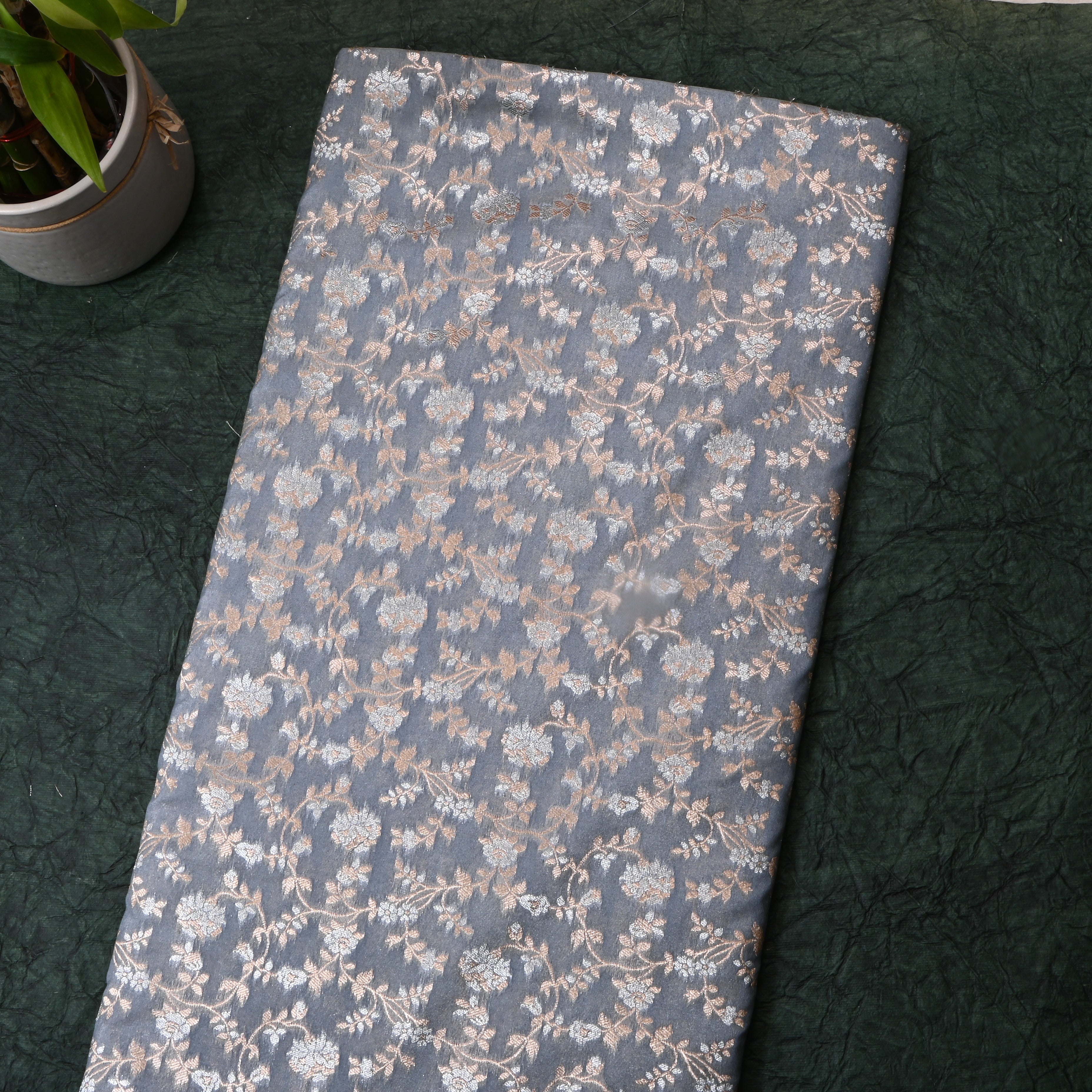 Ash Grey Floral Jamawar Silk Fabric