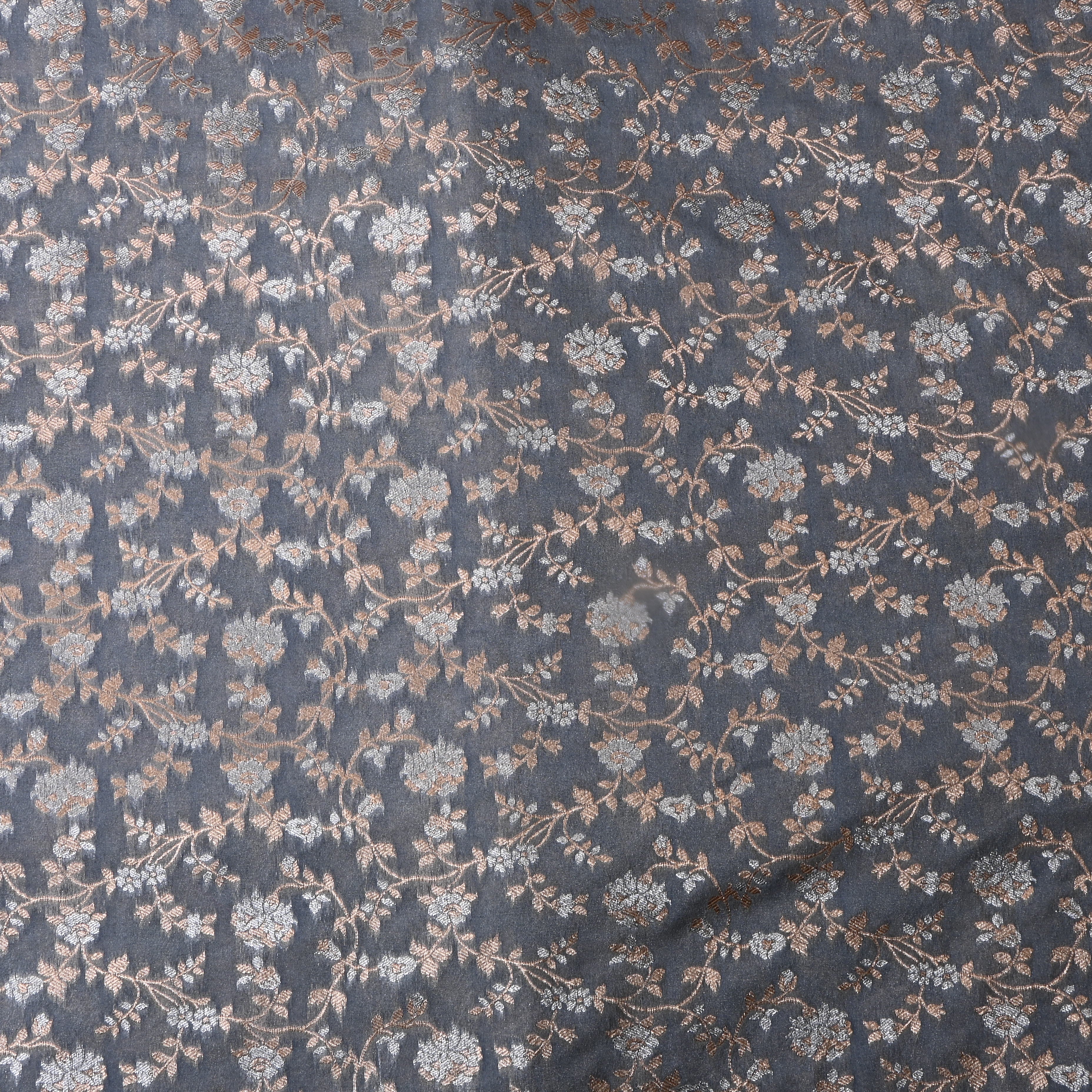 Ash Grey Floral Jamawar Silk Fabric