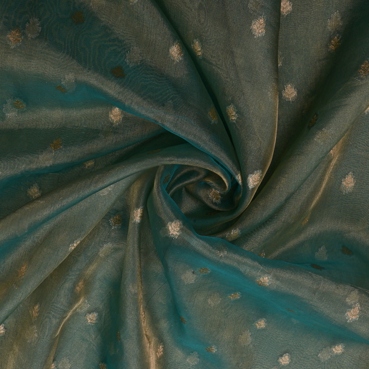 Teal Gold Zari Butti Self Weaving Jamawar Tissue Fabric