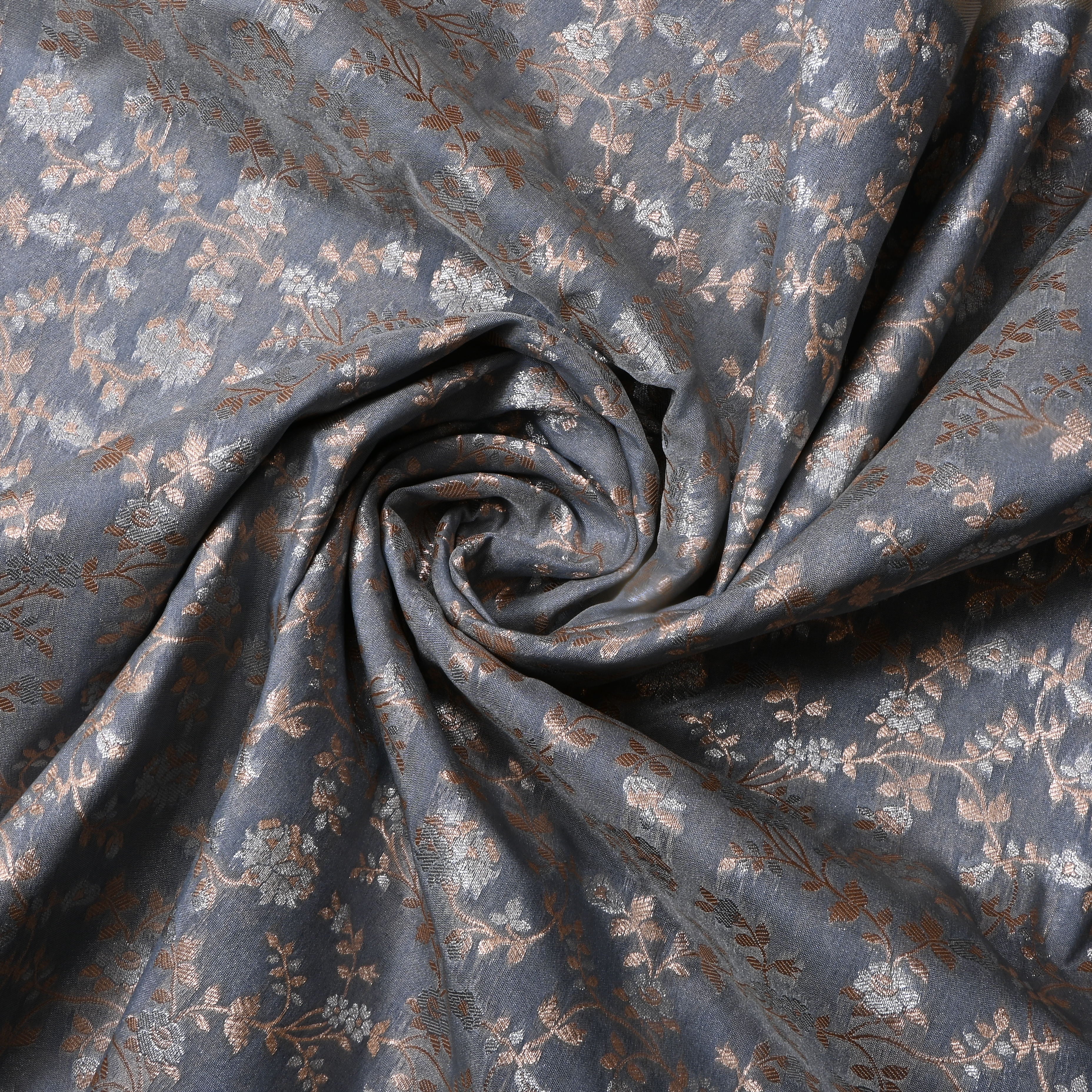 Ash Grey Floral Jamawar Silk Fabric