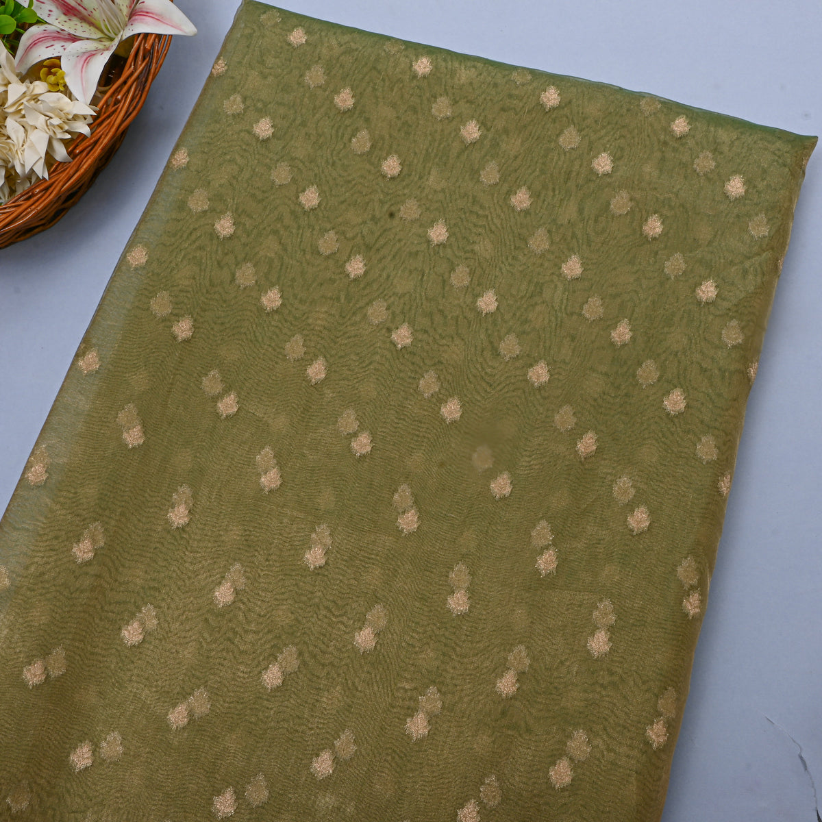 Green Gold Butti Self Weave Jamawar Tissue Fabric