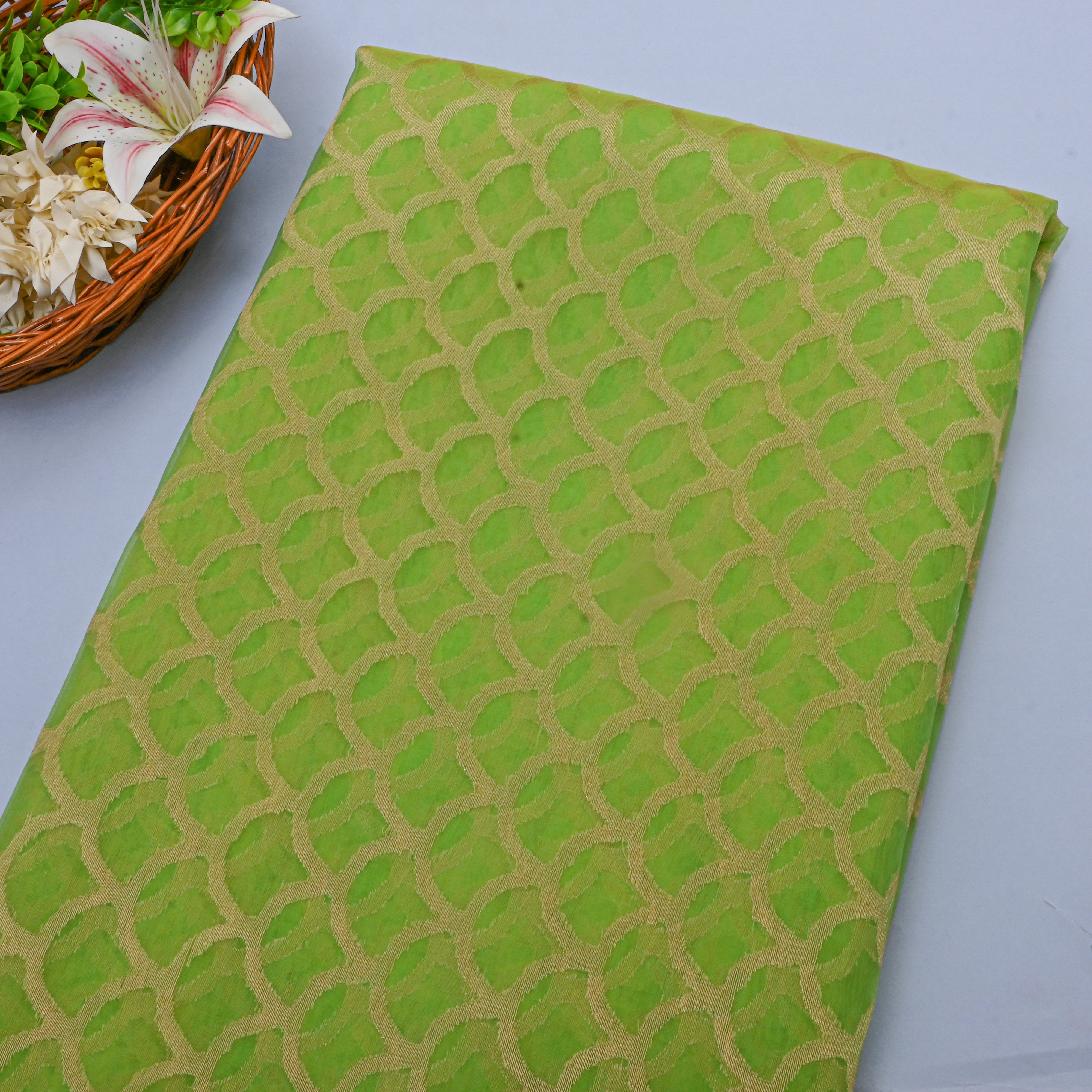 Green And Gold Zari Organza Fabric