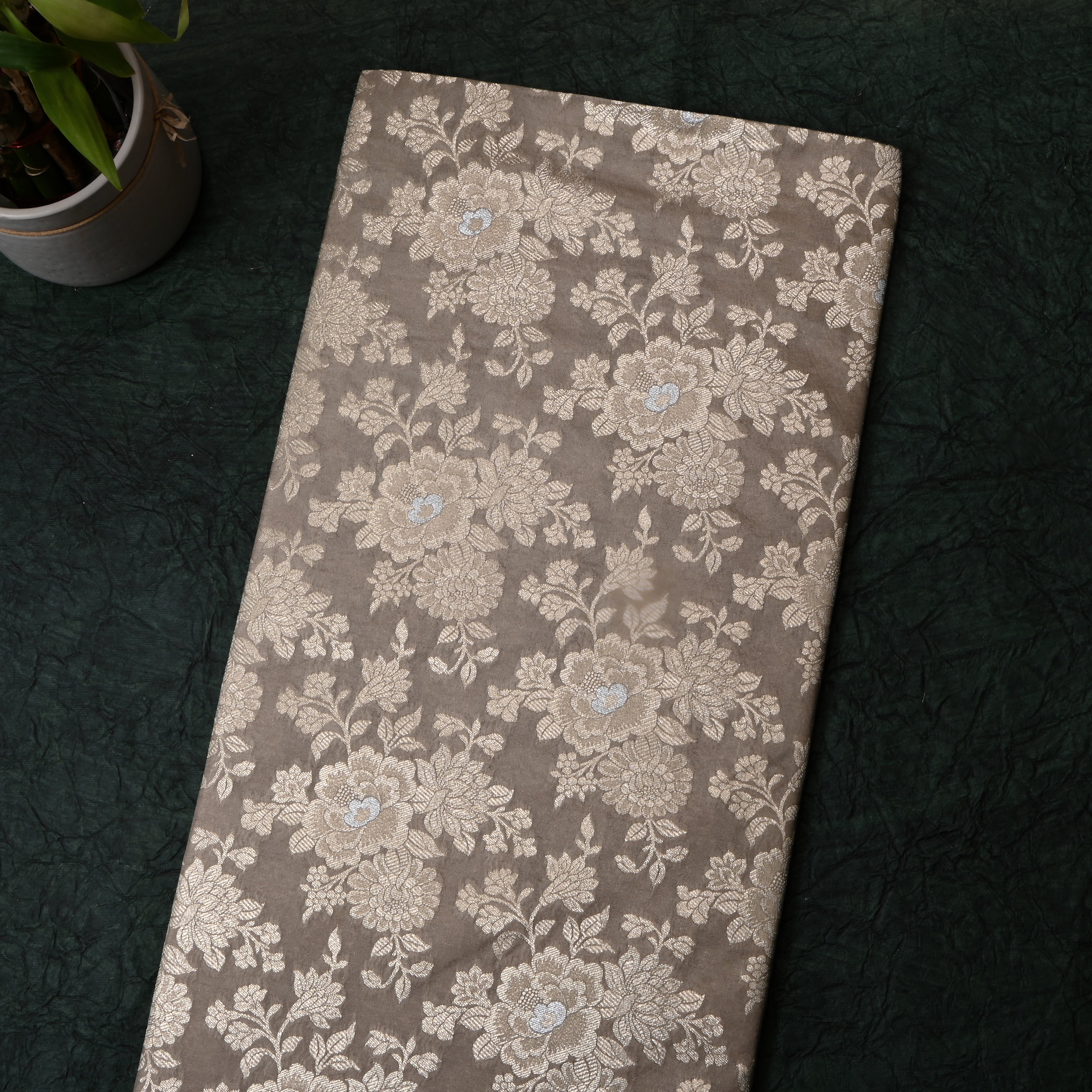 Earthy Green Floral Jamawar Silk Fabric