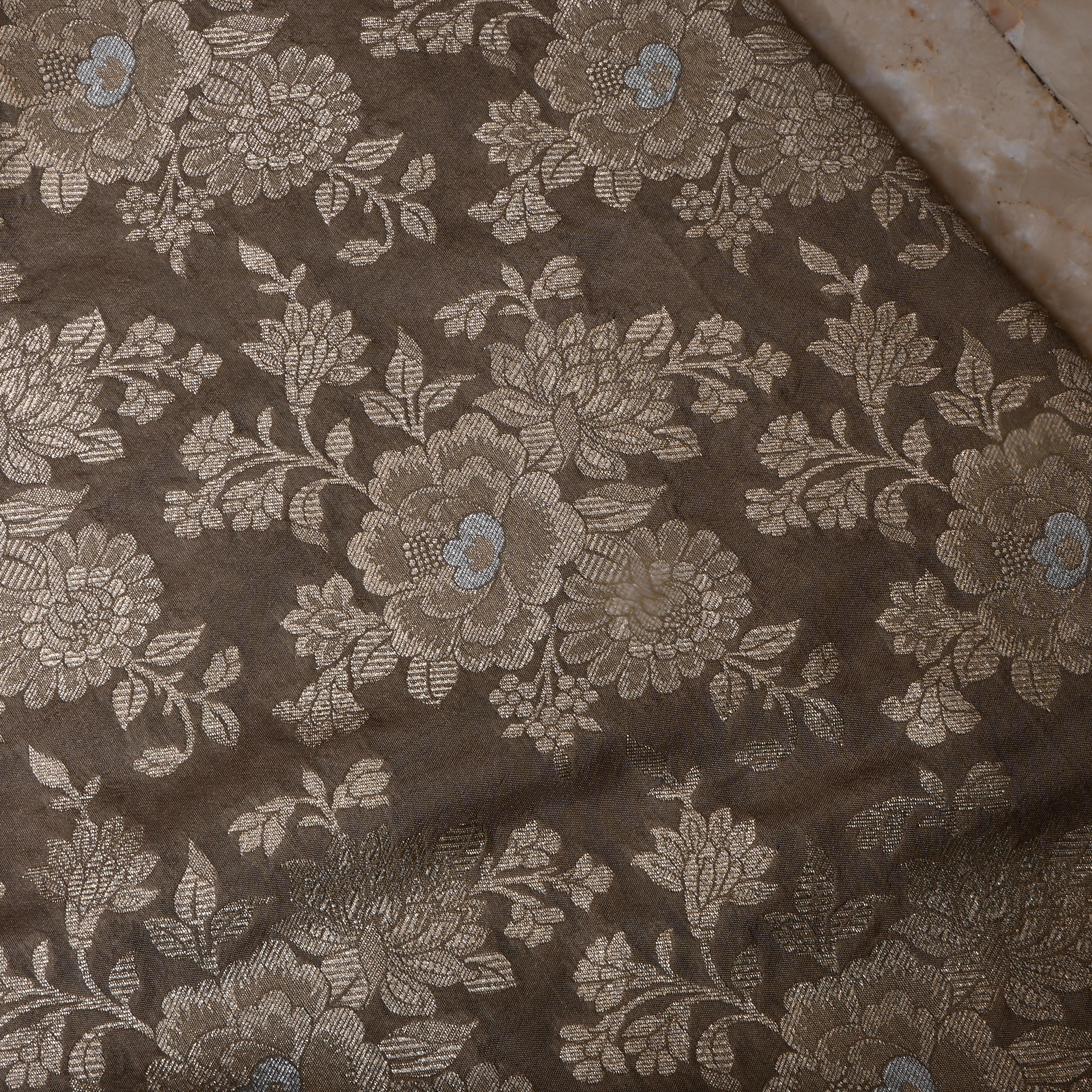 Earthy Green Floral Jamawar Silk Fabric